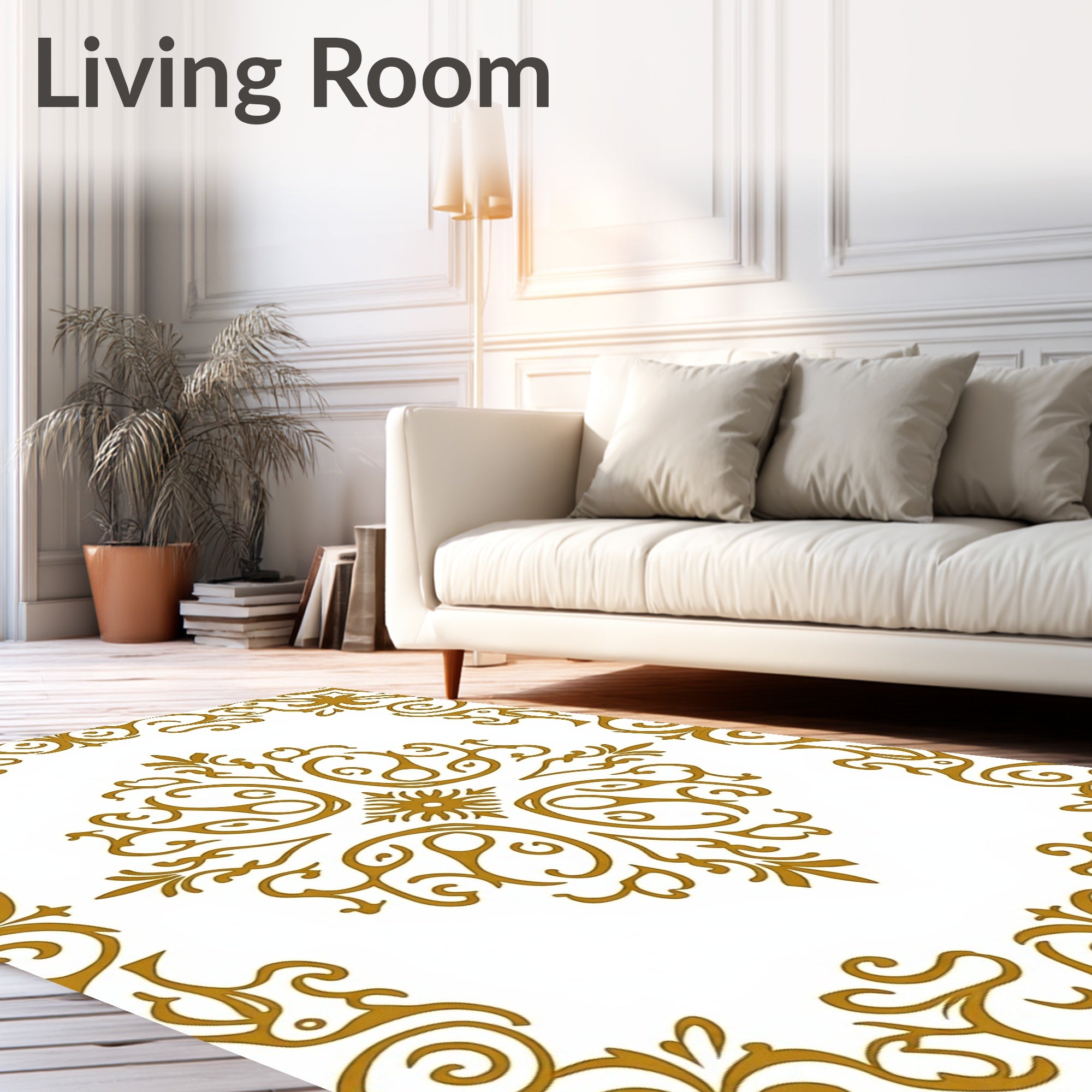 Gold Damask Floral Swirl Scroll Art Rug