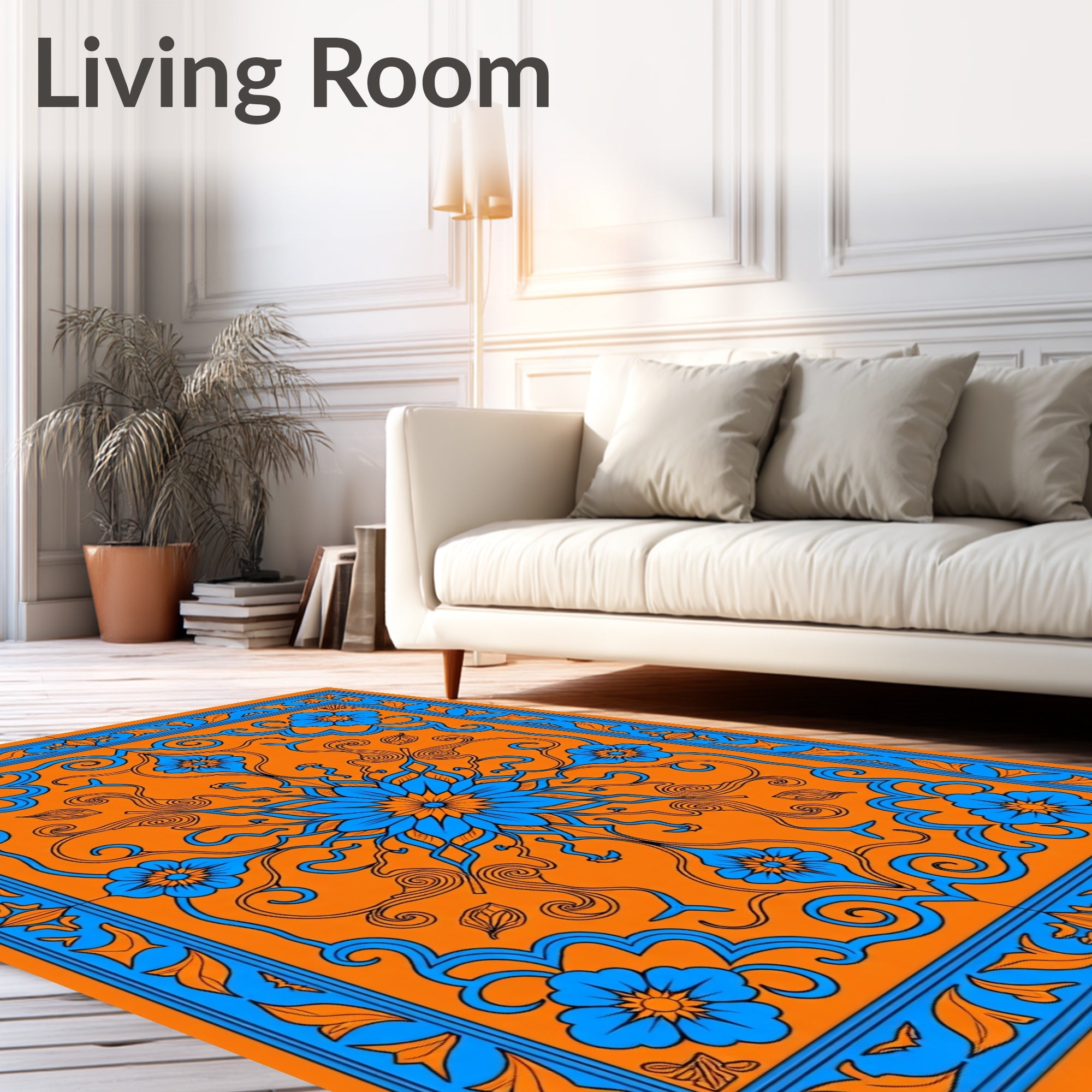 Vibrant Orange Blue Floral Medallion Rug