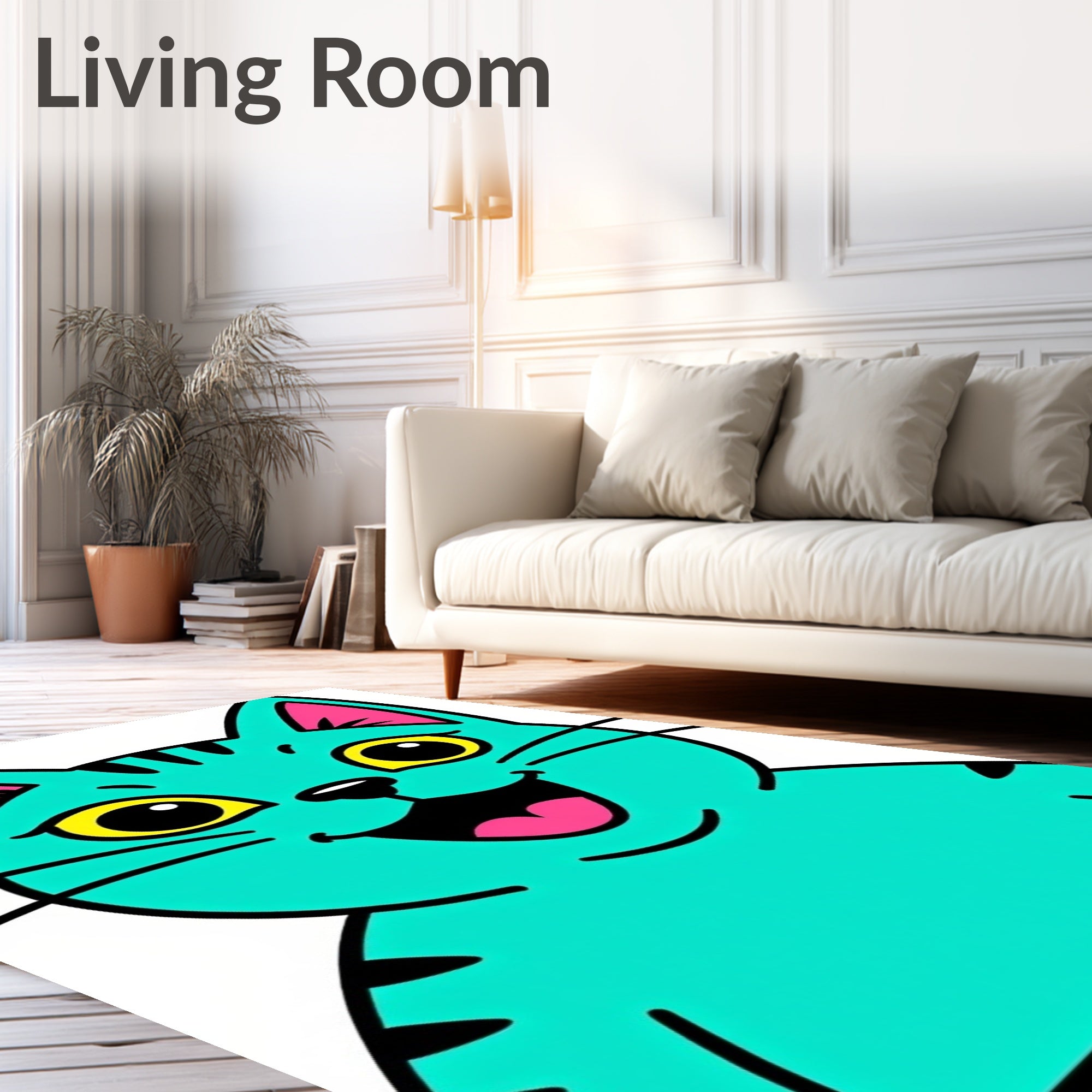 Whimsical Teal Cat Character Rug