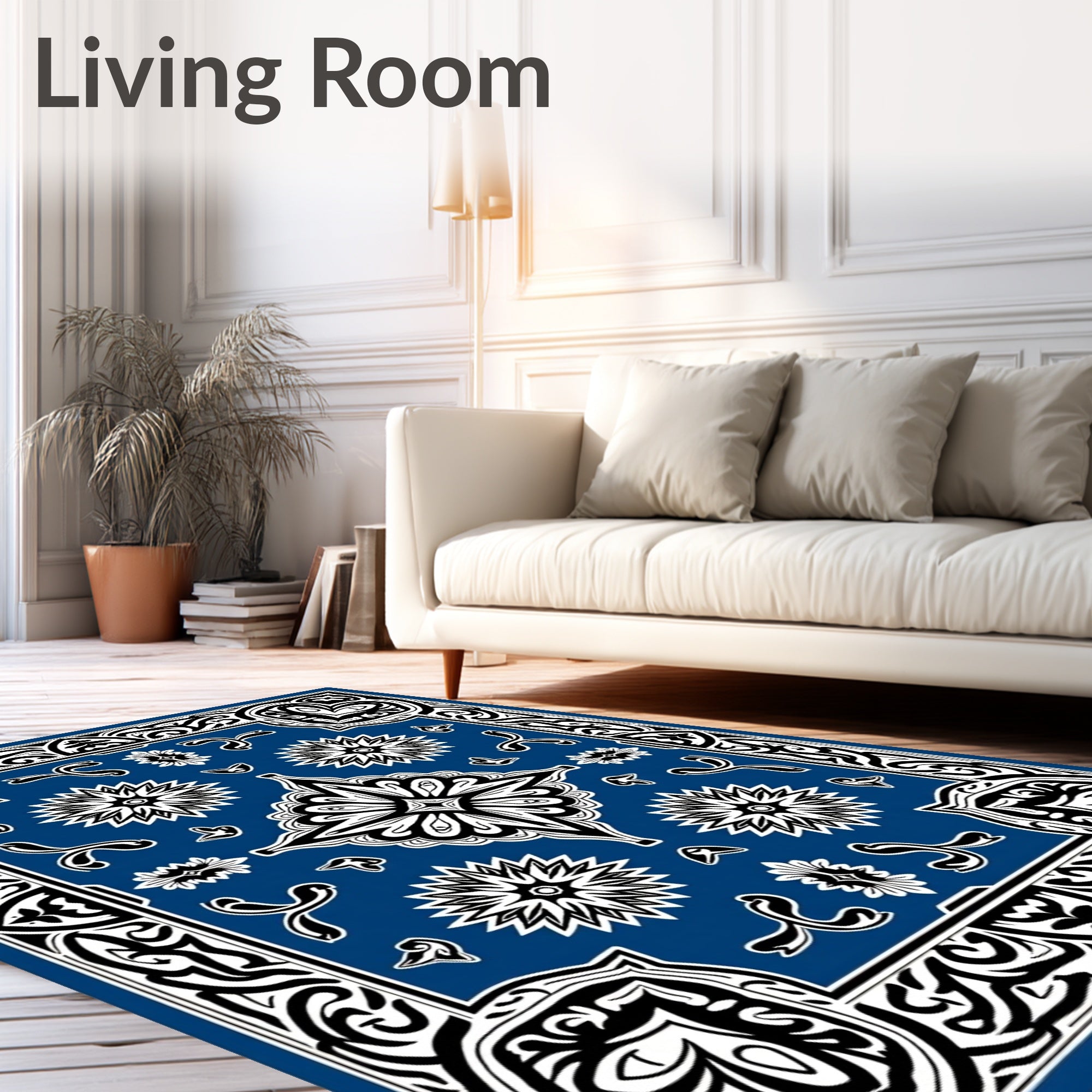 Bold Blue Floral And Swirl Design Rug