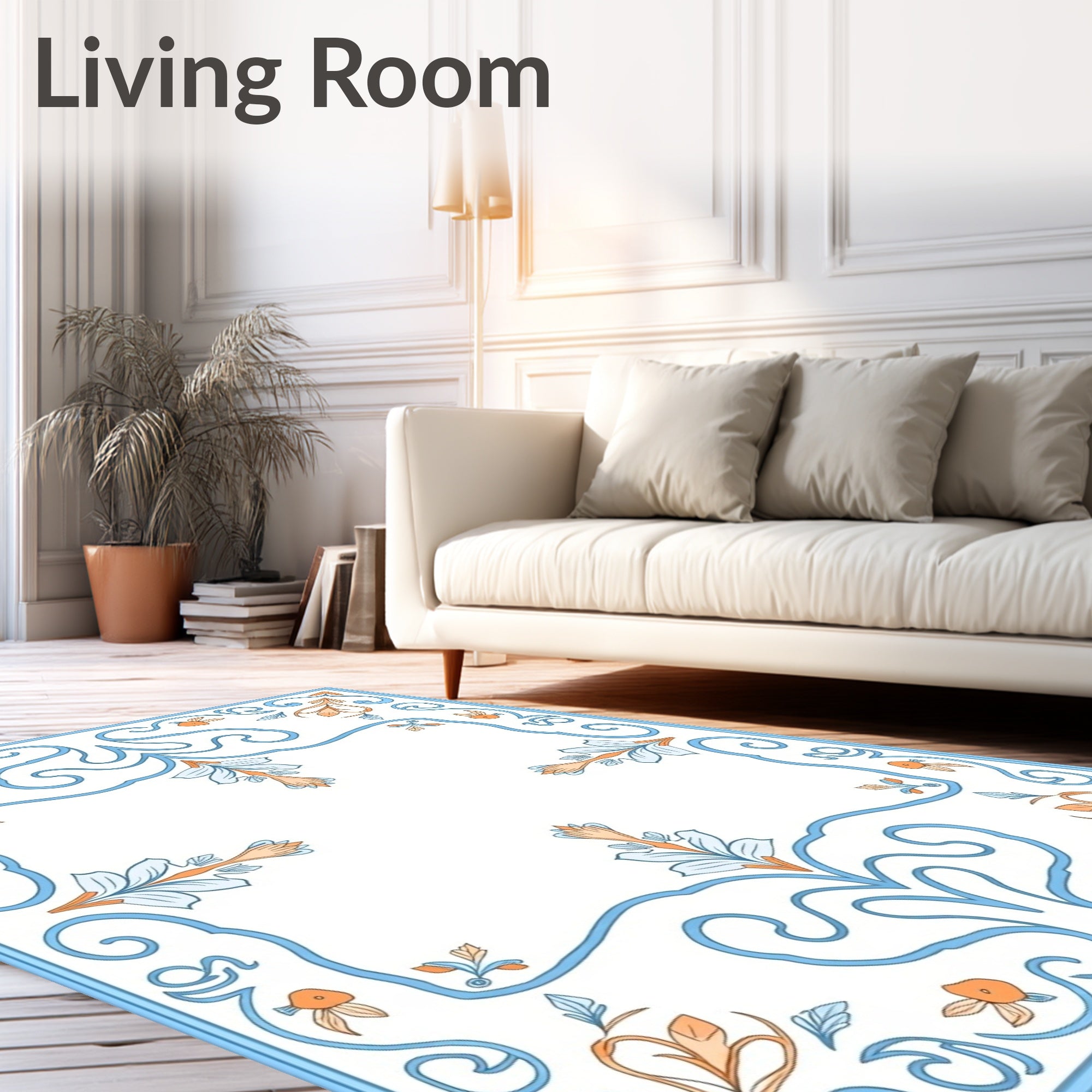 Classic Floral Scrollwork Blue Orange Rug