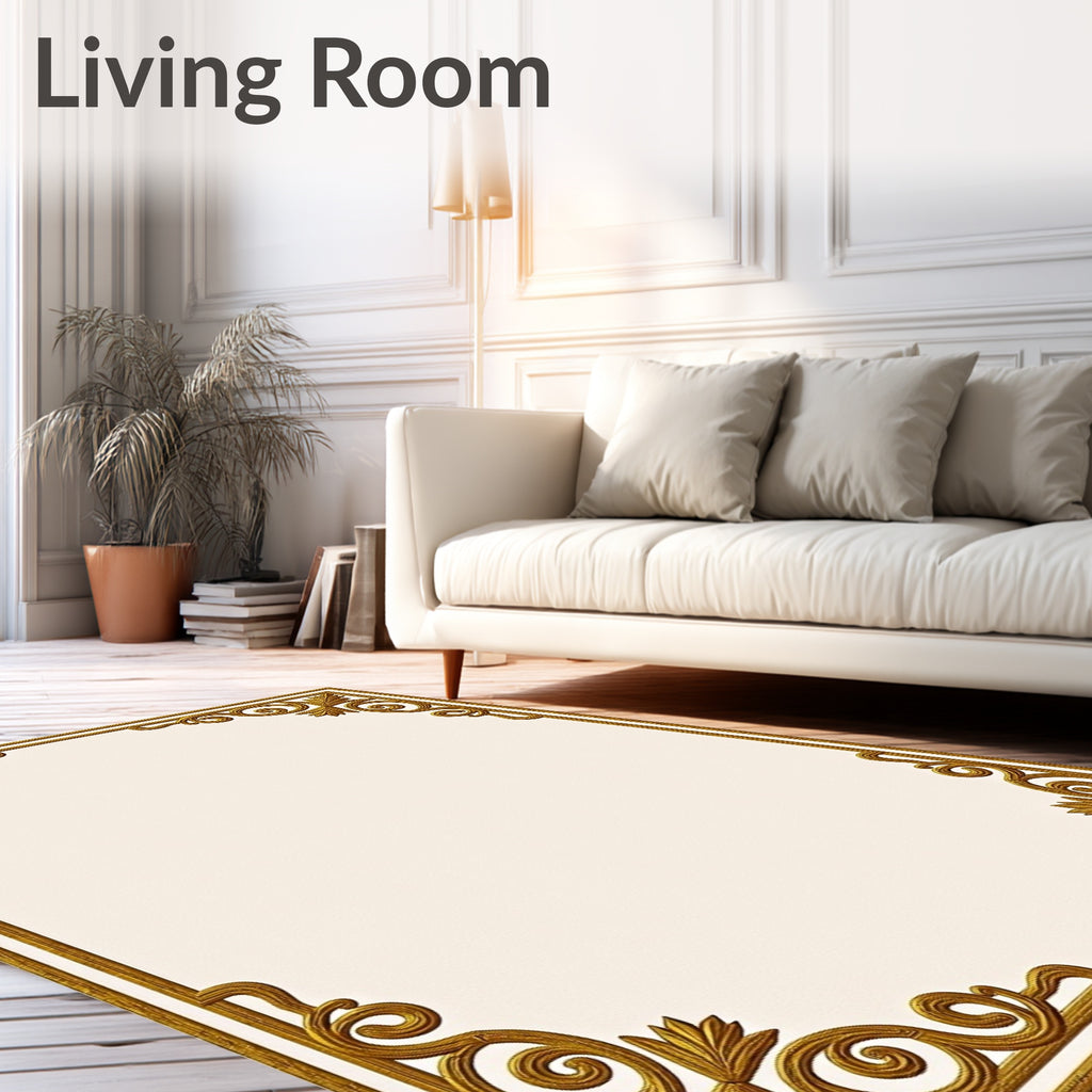 Ornate Golden Scrolling Leaf Border Rug