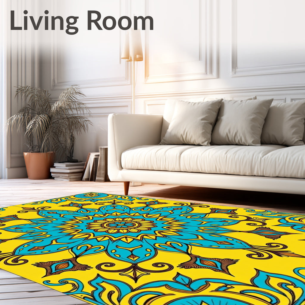 Bright Teal Yellow Floral Mandala Rug