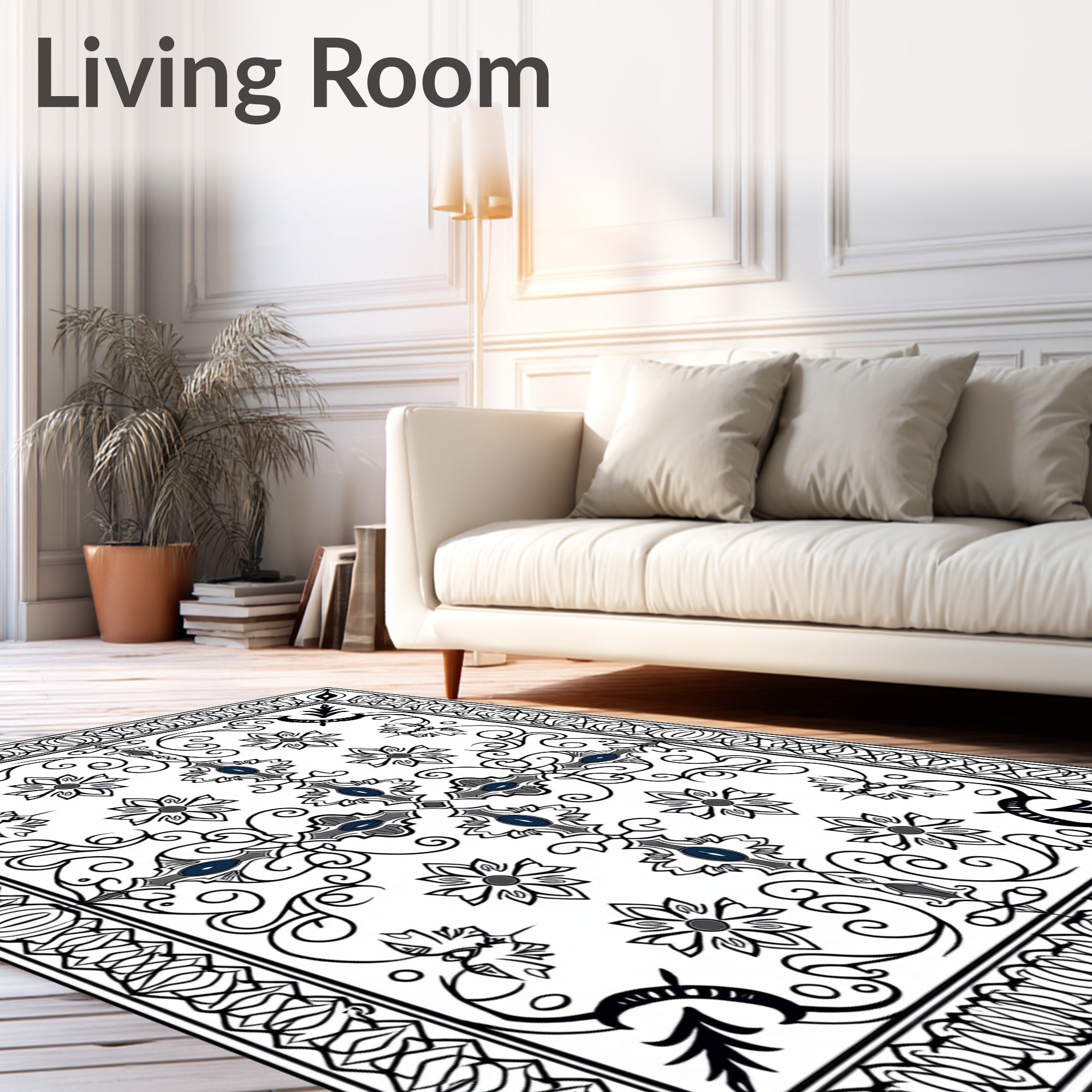 Elaborate Black White Floral Scroll Design Rug