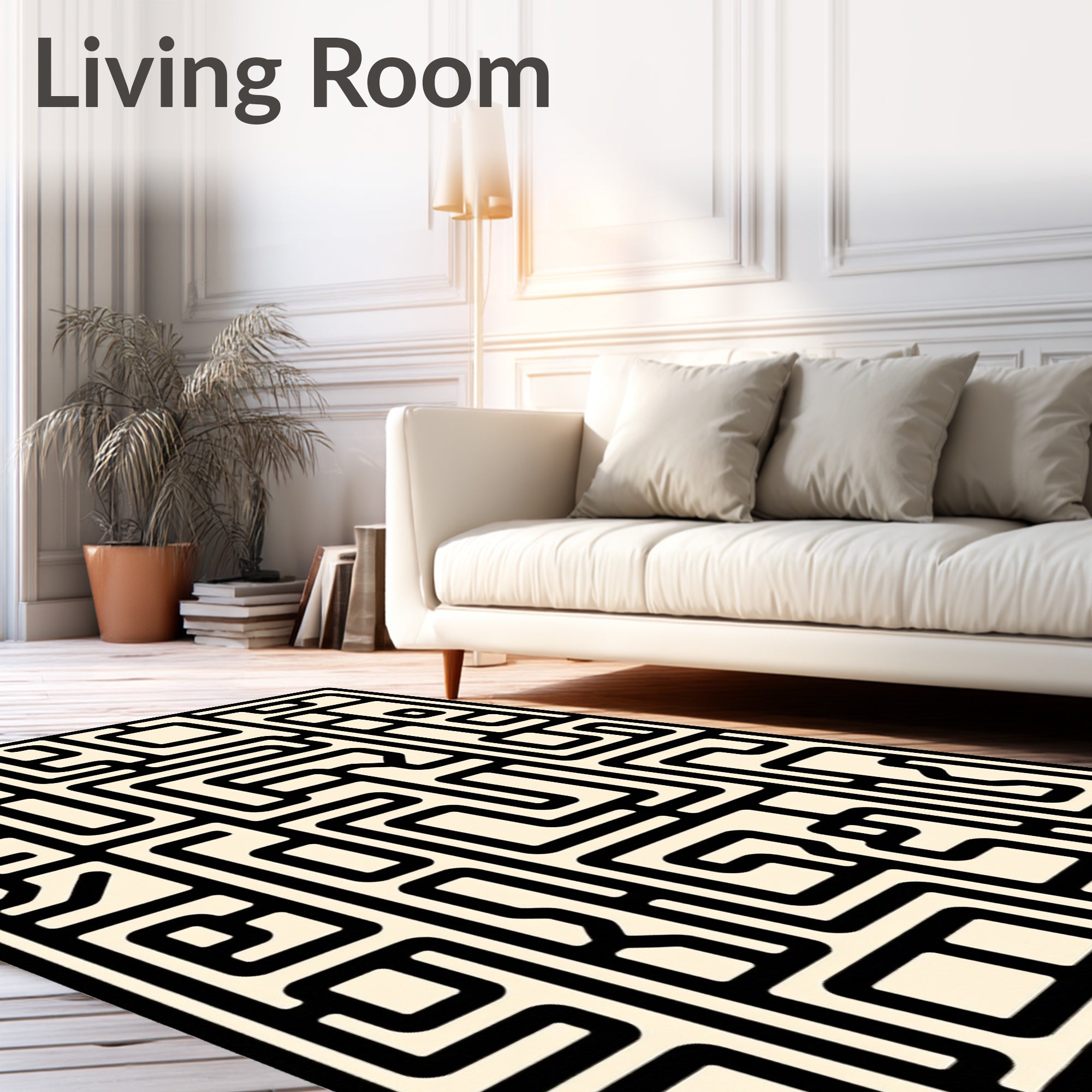Abstract Black And White Maze Pattern Rug
