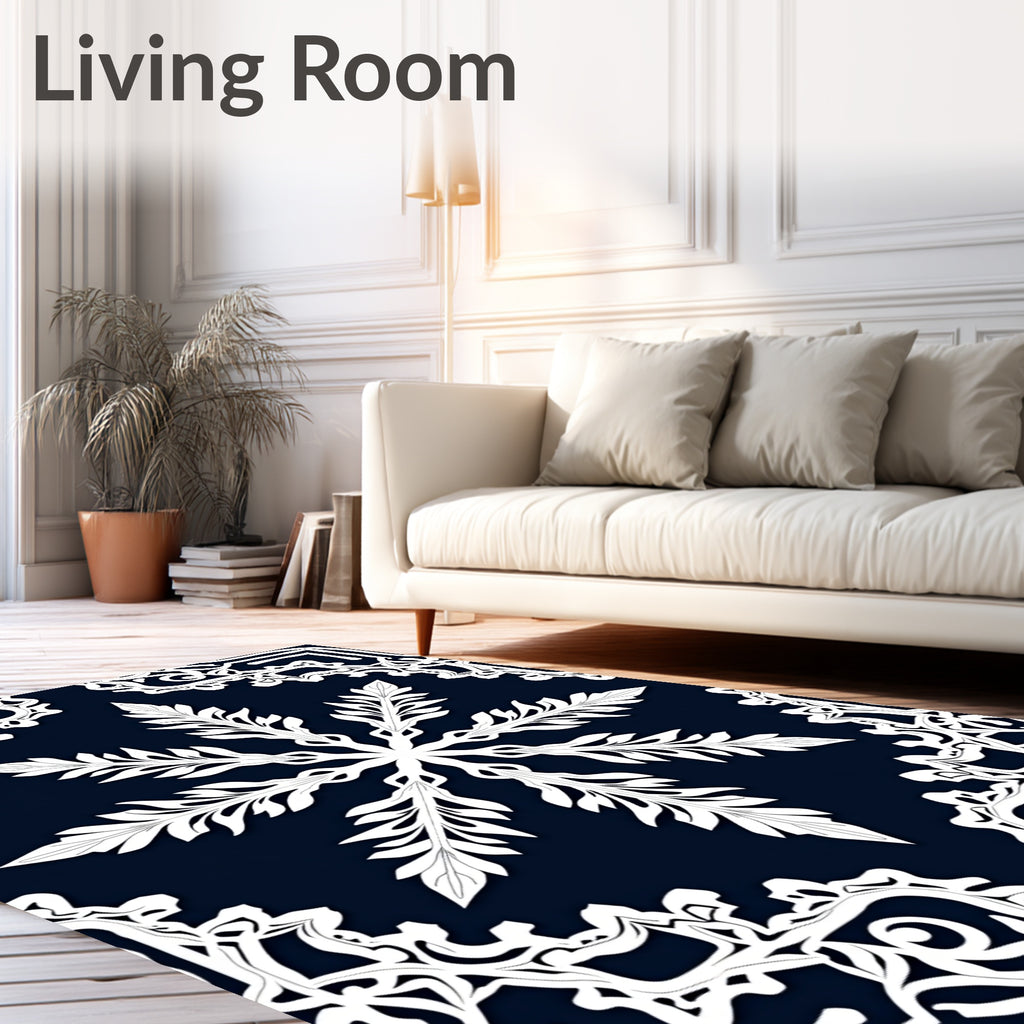 White Floral Mandala Pattern on Navy Rug