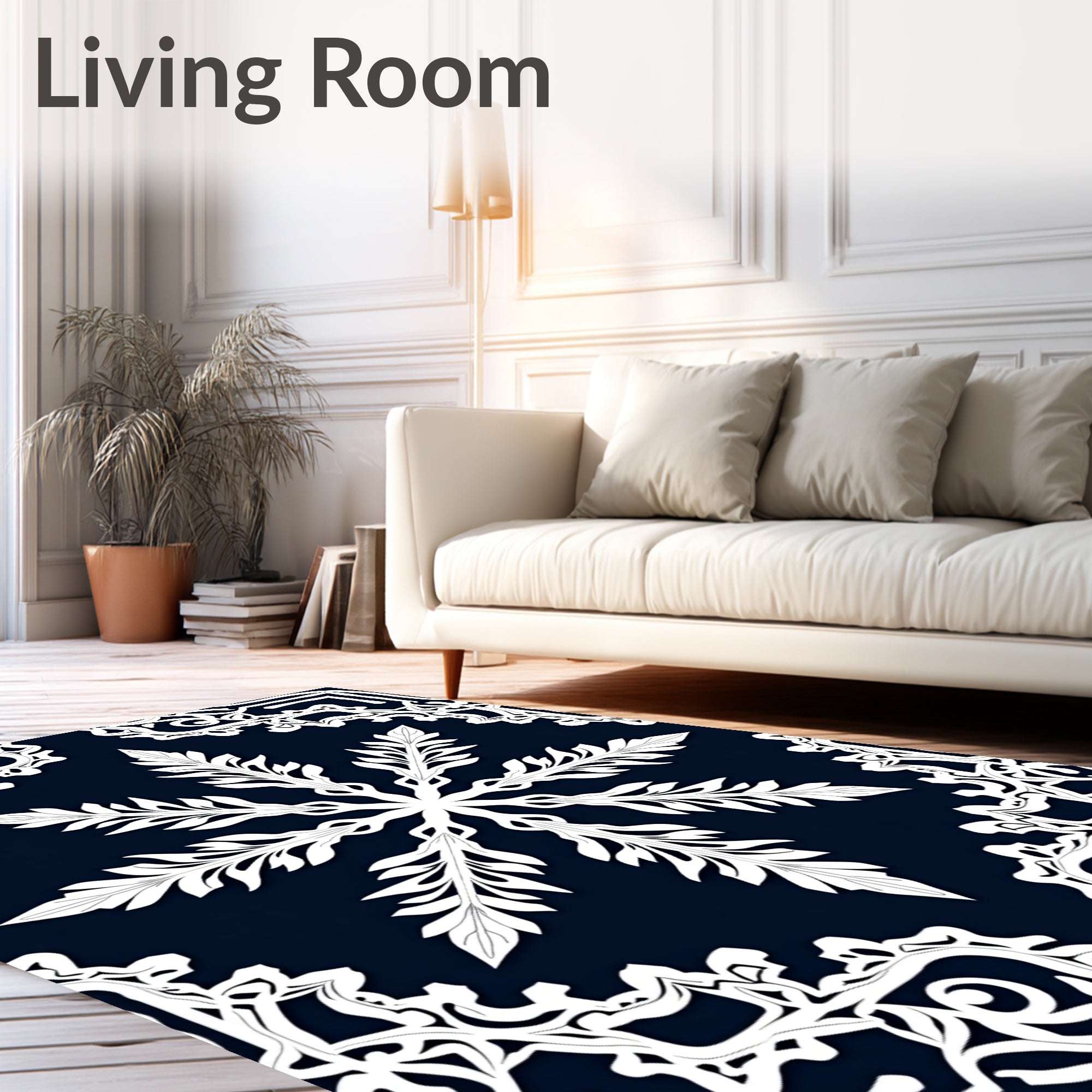 White Floral Mandala Pattern on Navy Rug