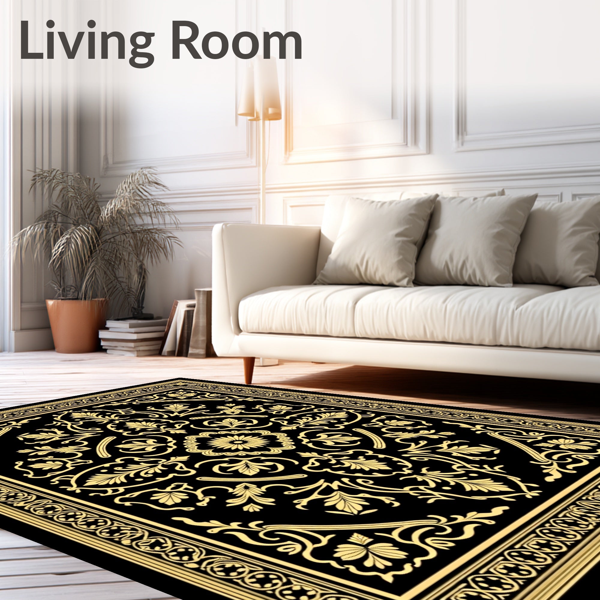 Ornate Gold Black Botanical Style Rug