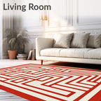 Red White Geometric Maze Pattern Rug