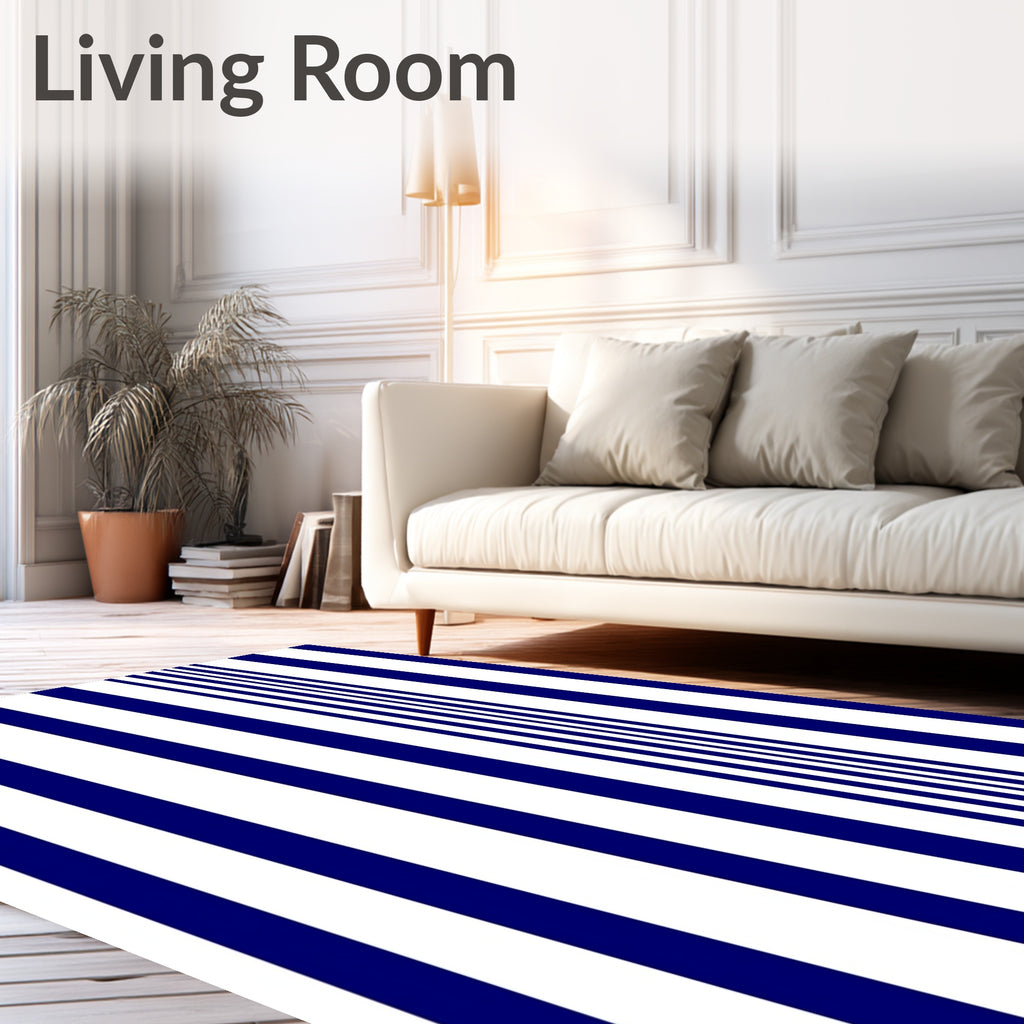 Bold Blue White Vertical Stripe Design Rug