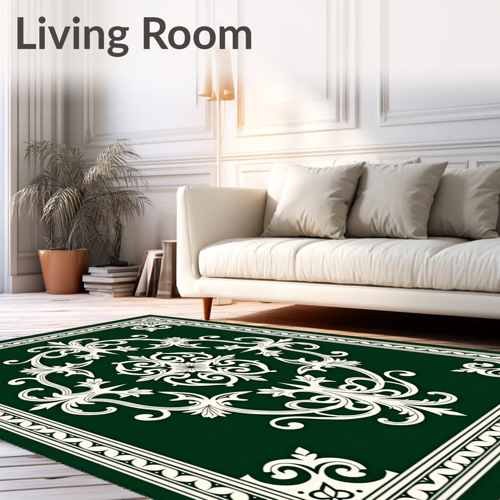 Elegant Cream Scrollwork on Deep Green Rug