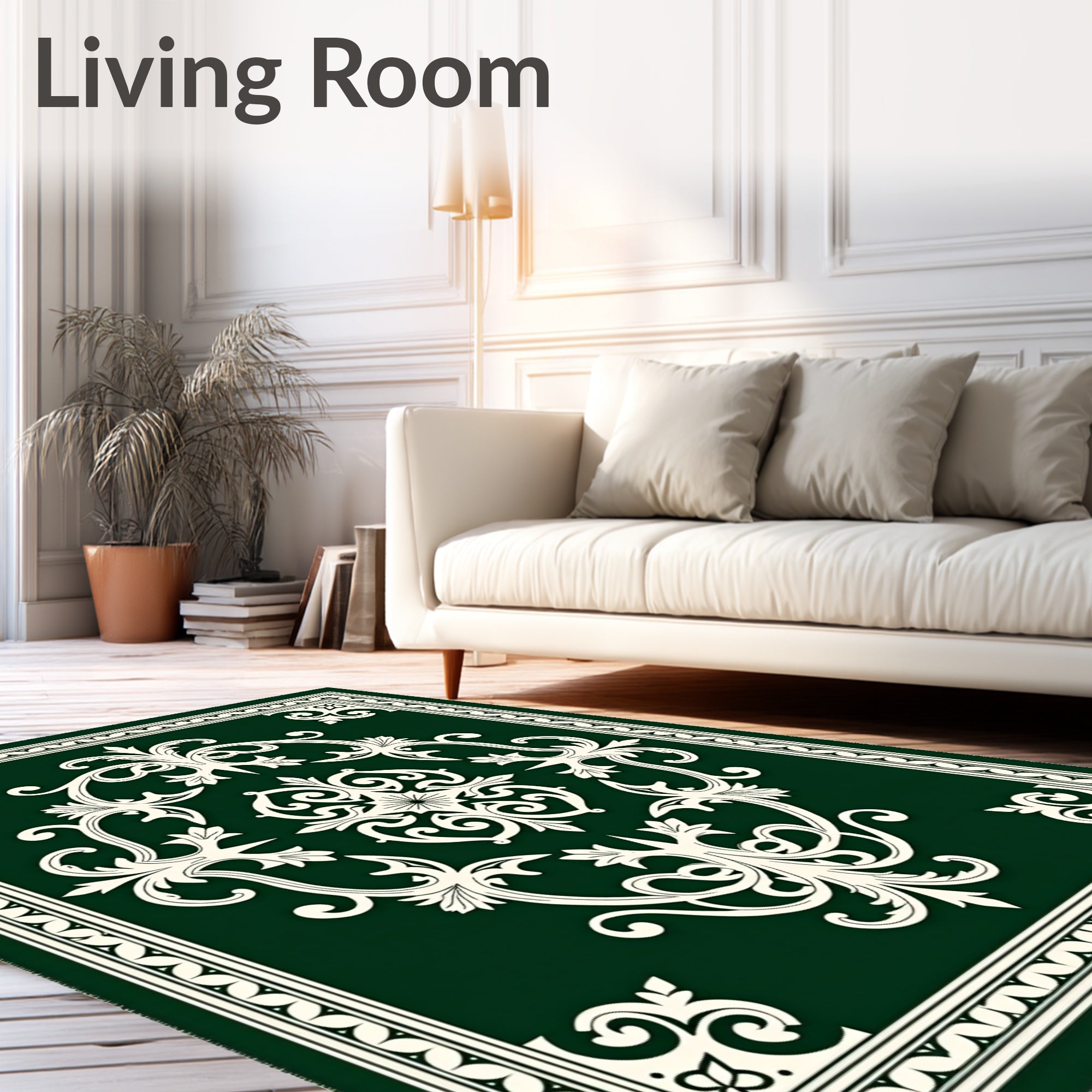 Elegant Cream Scrollwork on Deep Green Rug