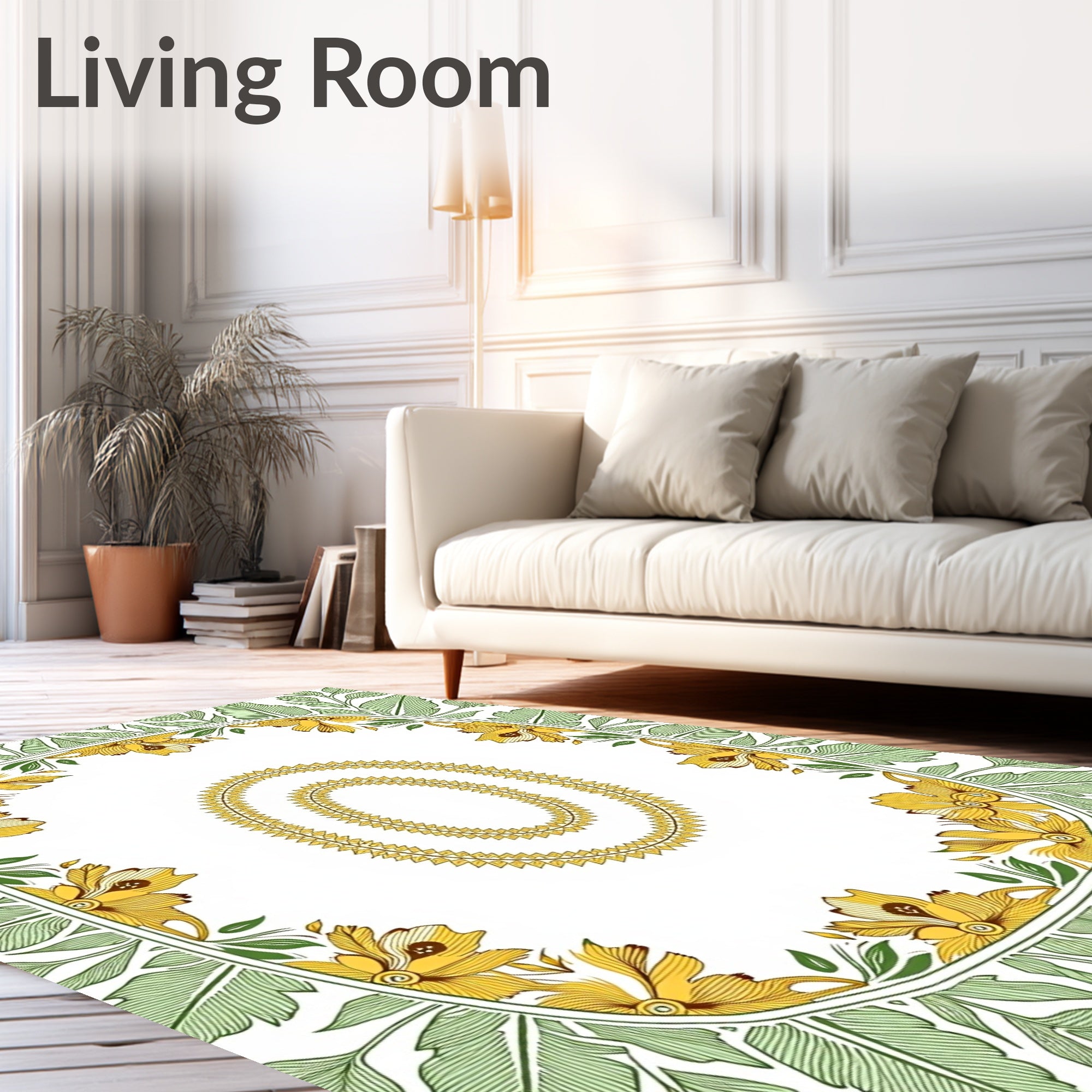 Golden Floral Oval Border Pattern Rug