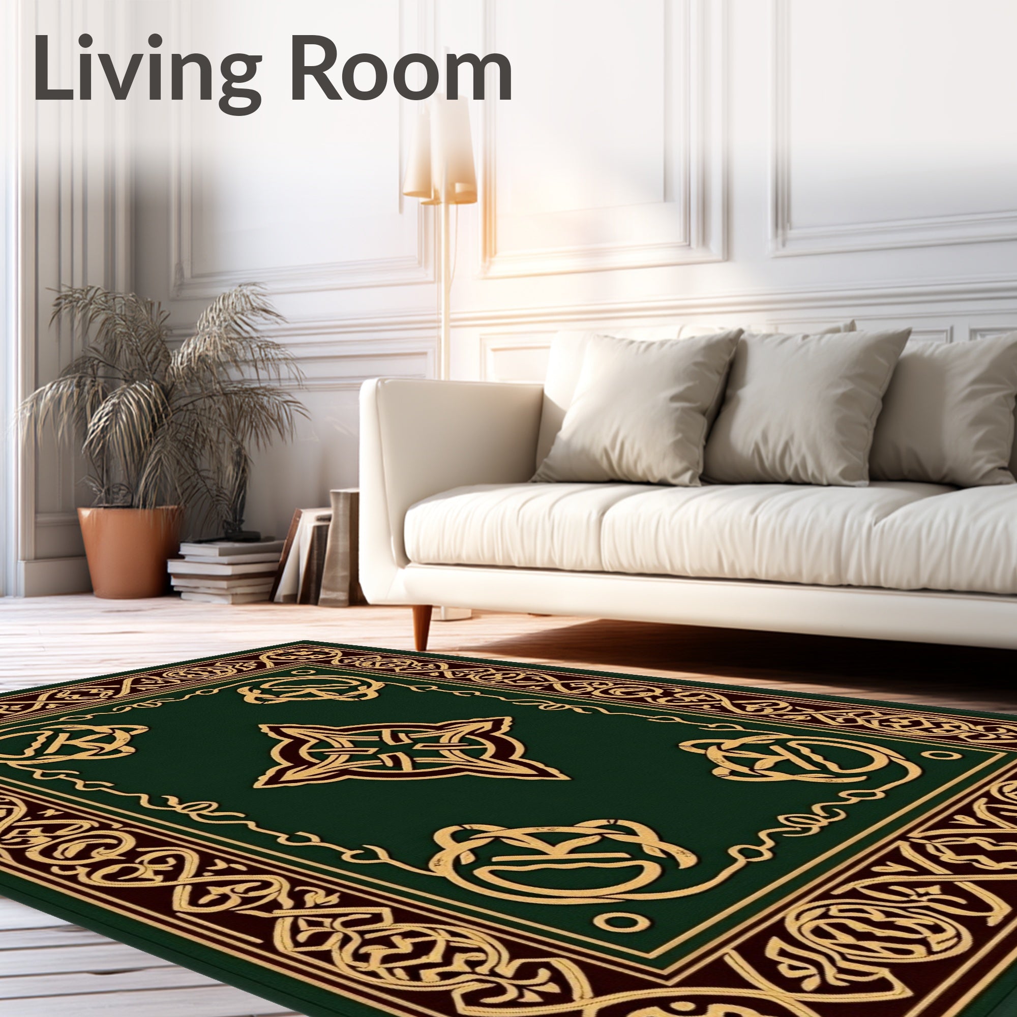 Intricate Gold Celtic Knot Green Rug