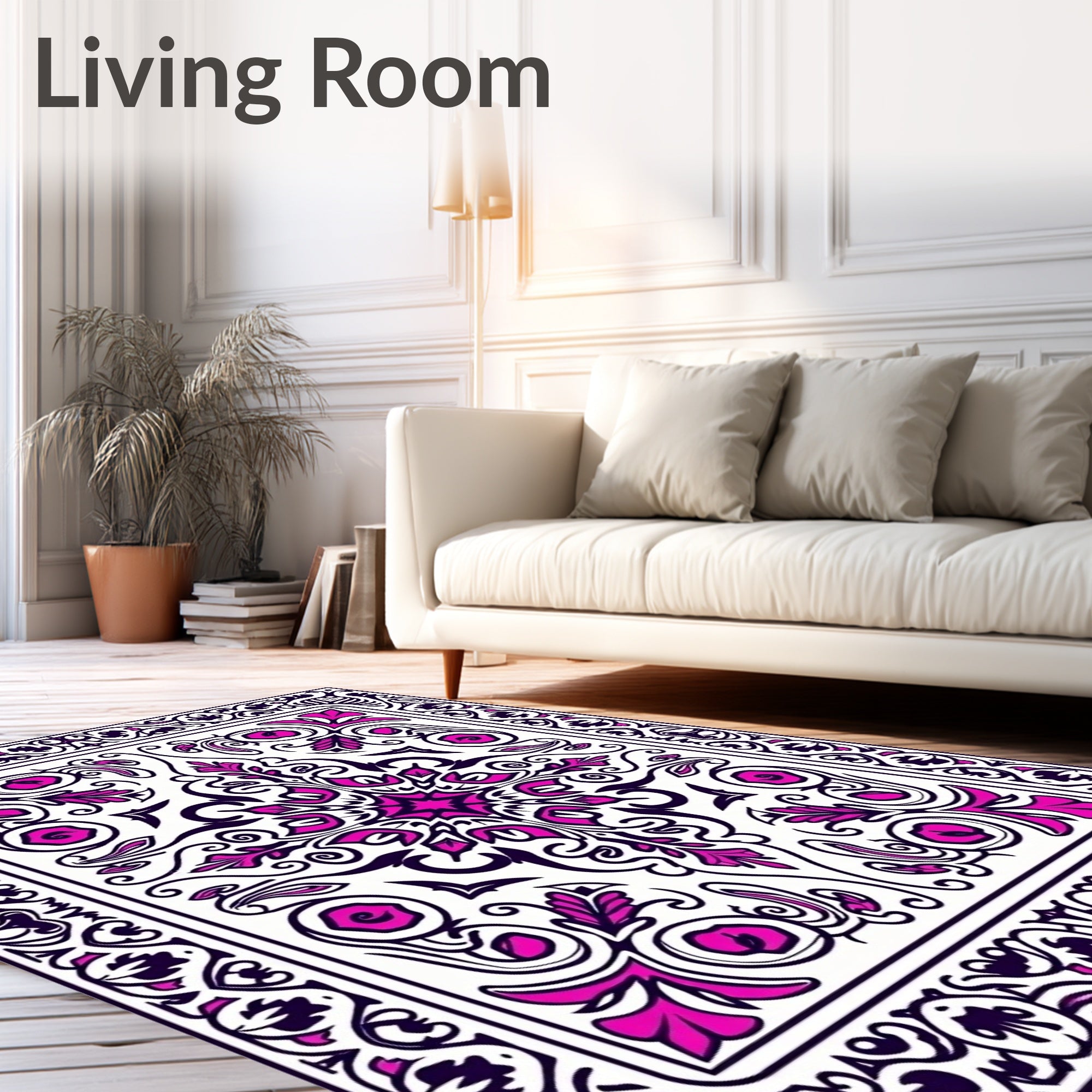 Ornate Pink Black Floral Pattern Rug