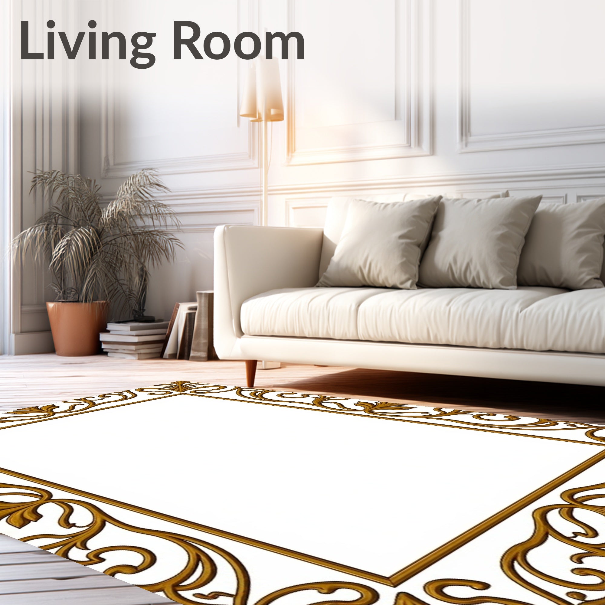 Ornate Gold Leaf Scroll Border Design Rug