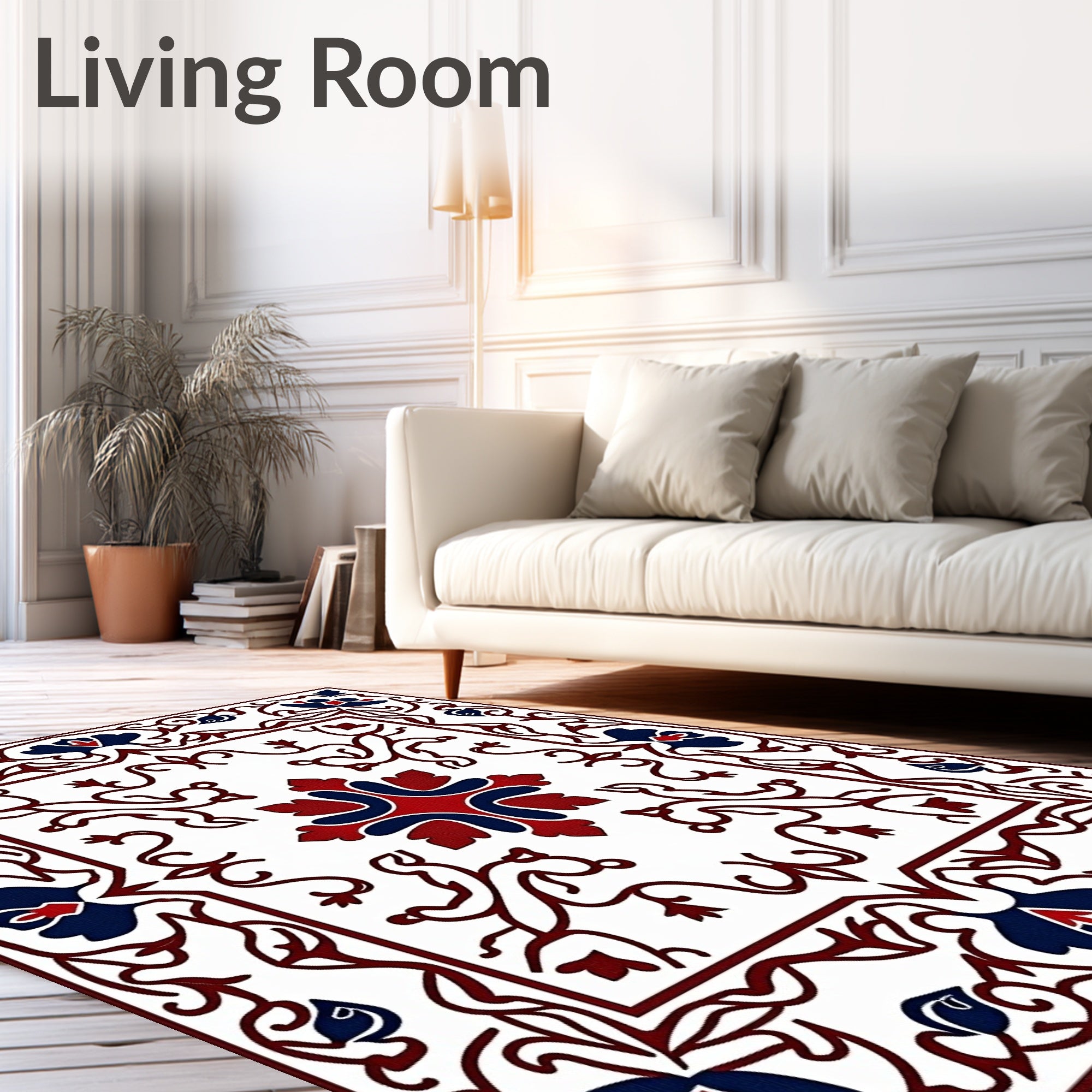 Classic Red Blue Floral Pattern Rug