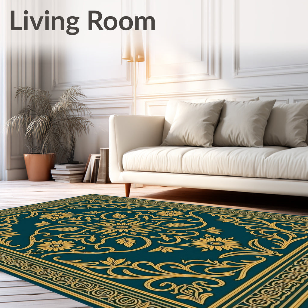 Ornate Teal Gold Floral Scrollwork Rug