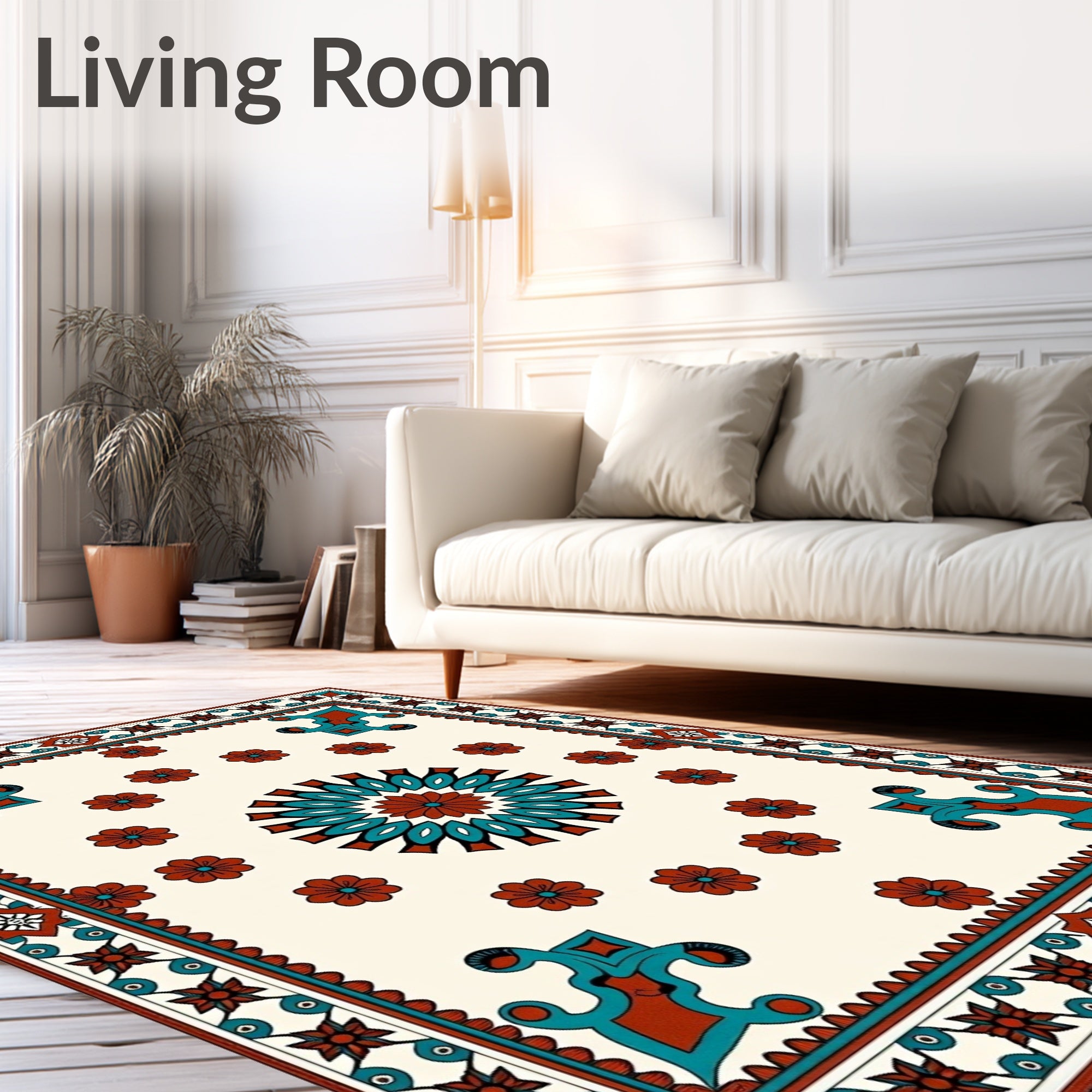 Centered Mandala Floral Bordered Design Rug