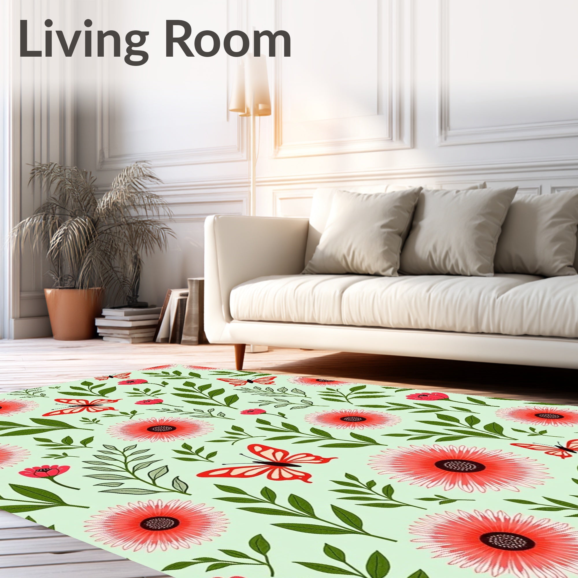Red Daisy Butterfly Harmony Design Rug