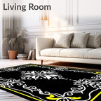 Bold Black White Floral Scroll Rug