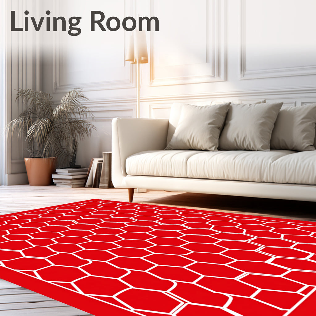 Red White Irregular Hexagon Pattern Rug