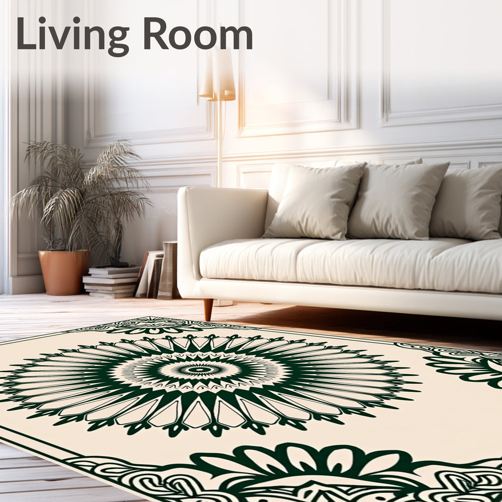 Intricate Dark Green Mandala Pattern Rug