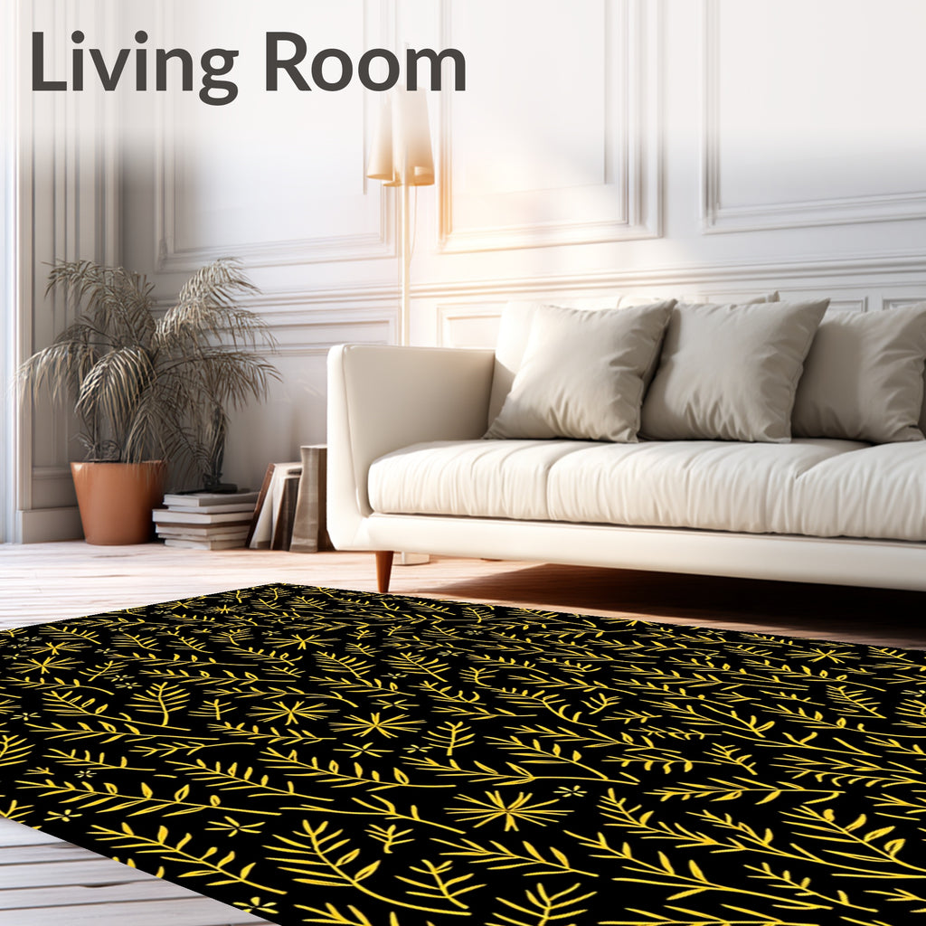 Golden Branches and Stars on Black Rug