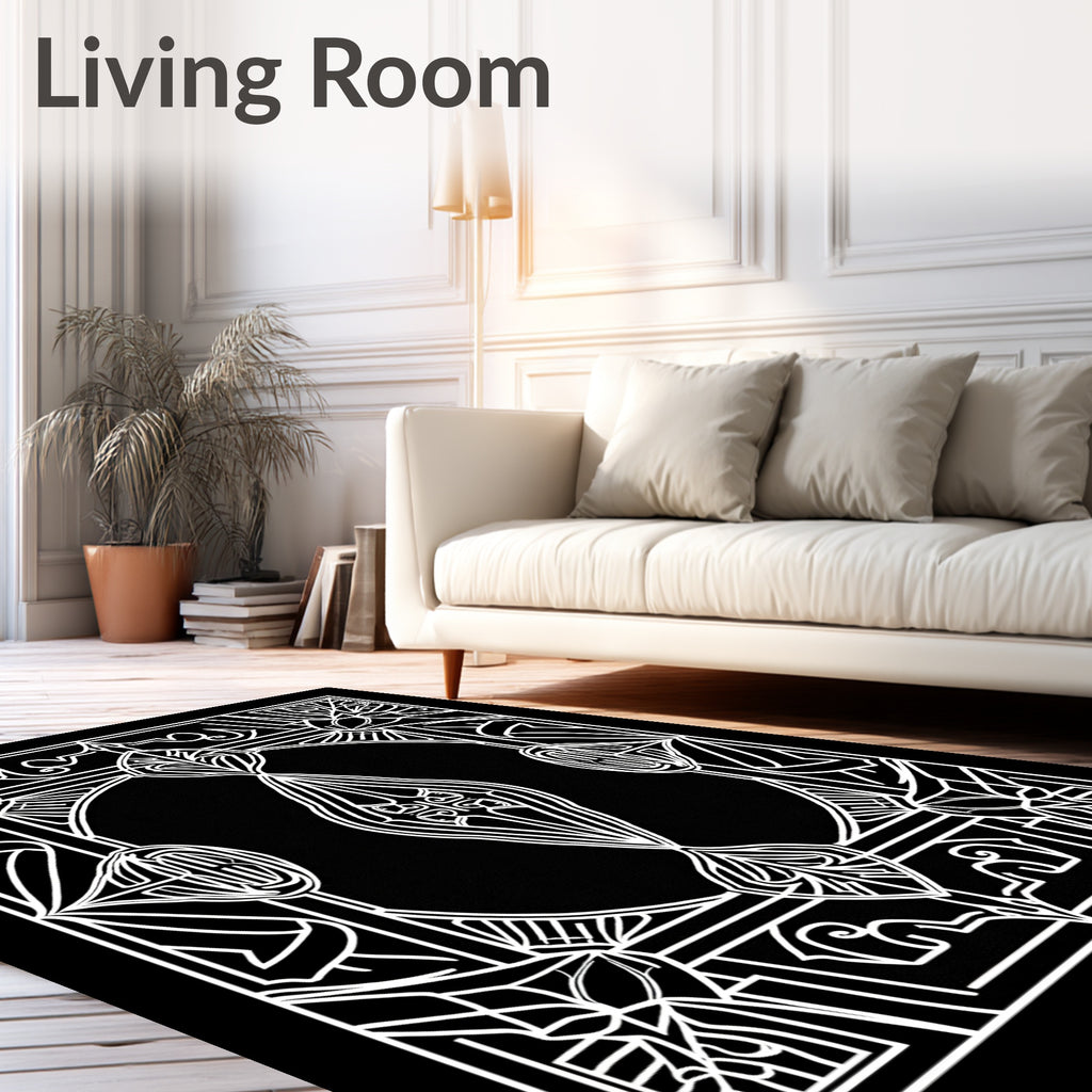 Ornate Black And White Floral Frame Rug