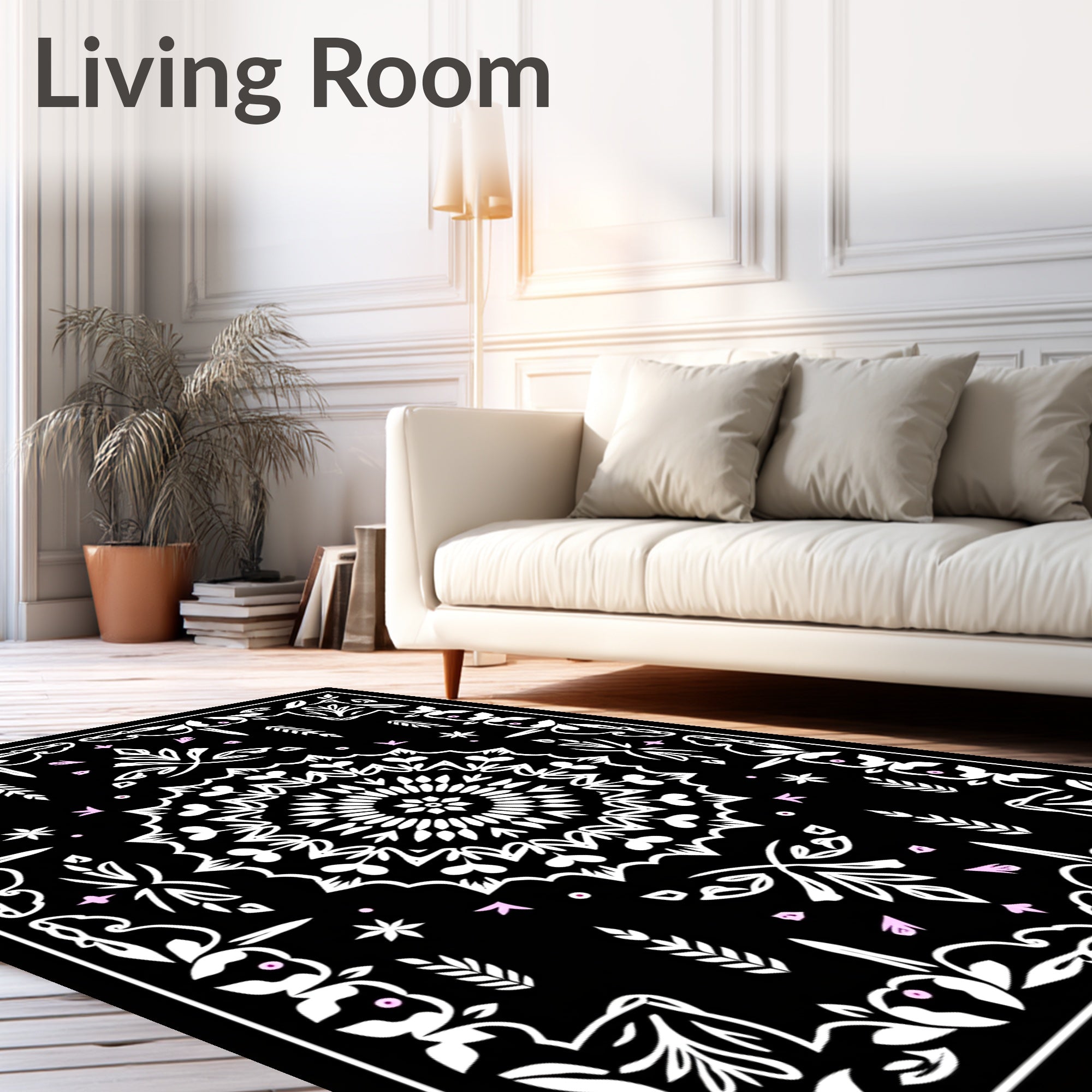 Chic Black White Floral Mandala Design Rug