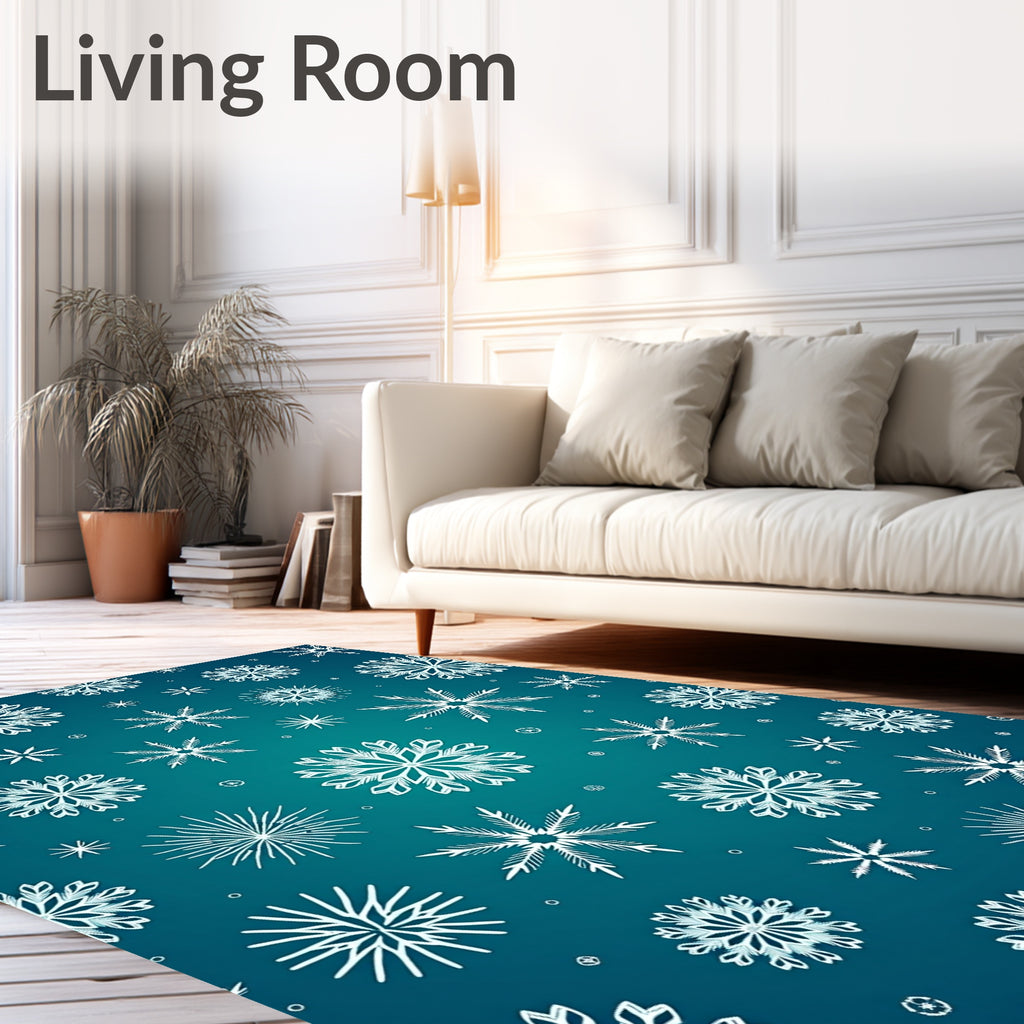White Snowflake Winter Teal Gradient Rug