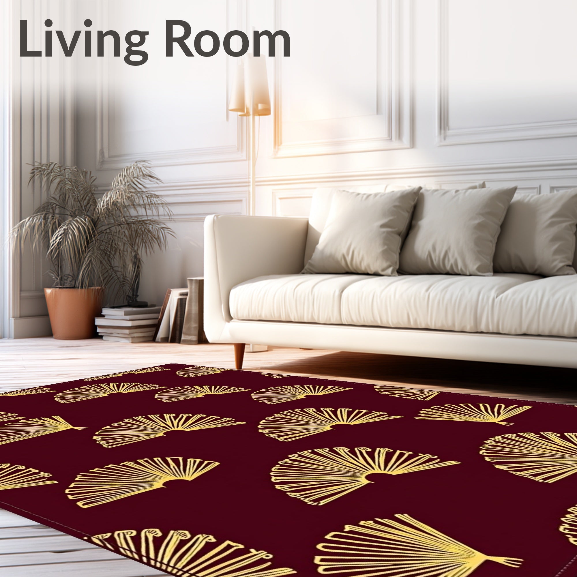 Gold Fan Patterned Burgundy Rug