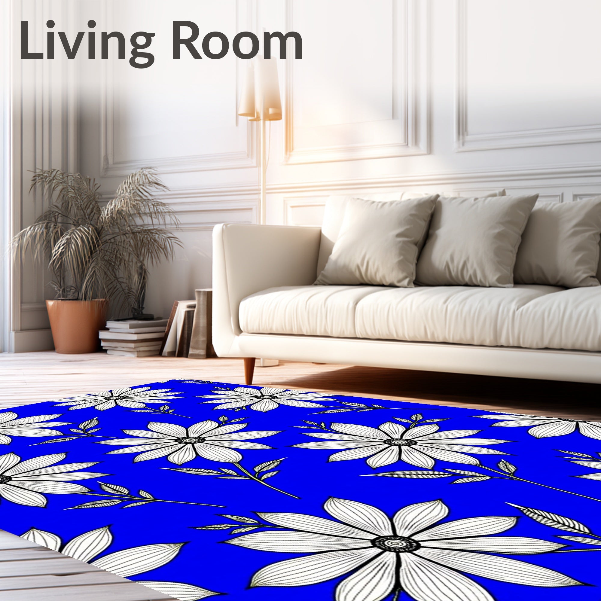 Bold White Flower Blue Pattern Rug