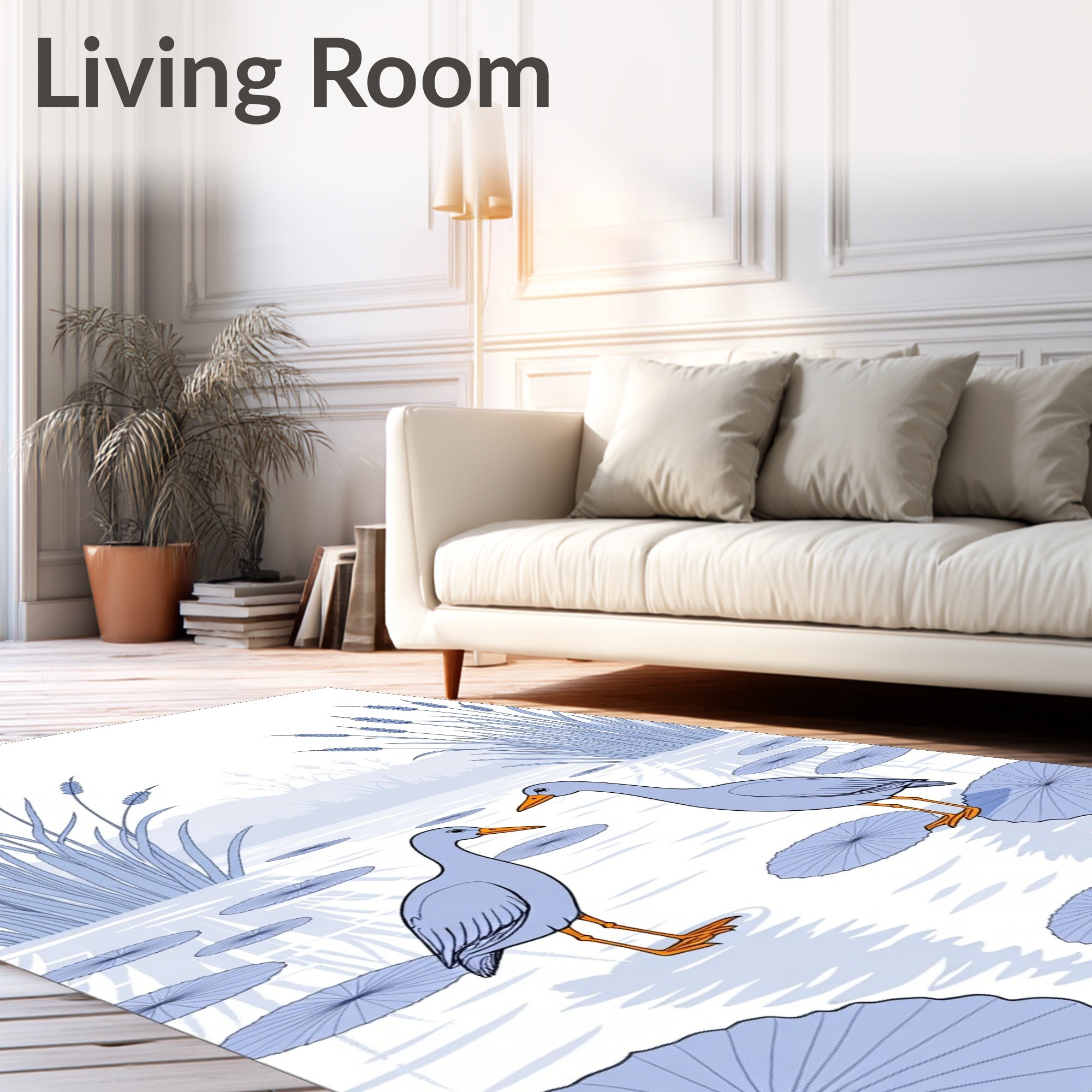 Two Cranes Beside Reeds Pattern Rug