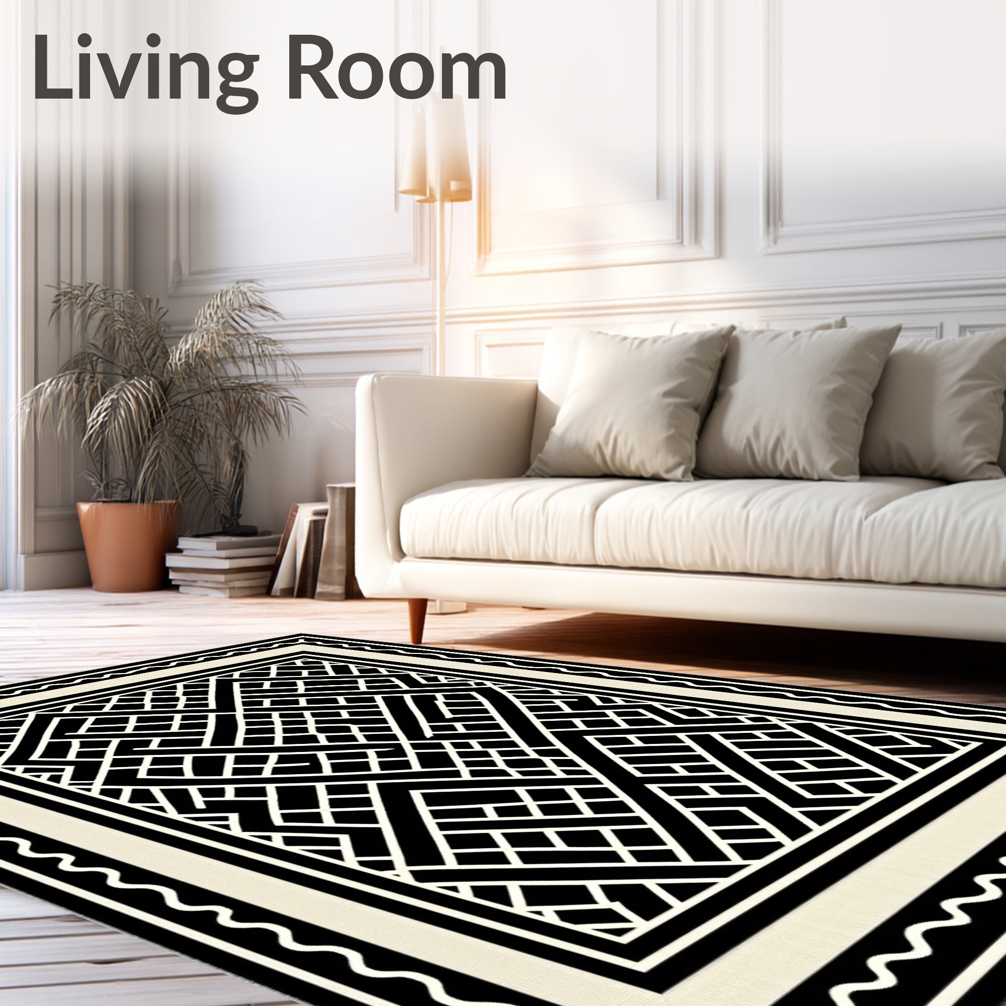 Black White Geometric Interlocking Pattern Rug