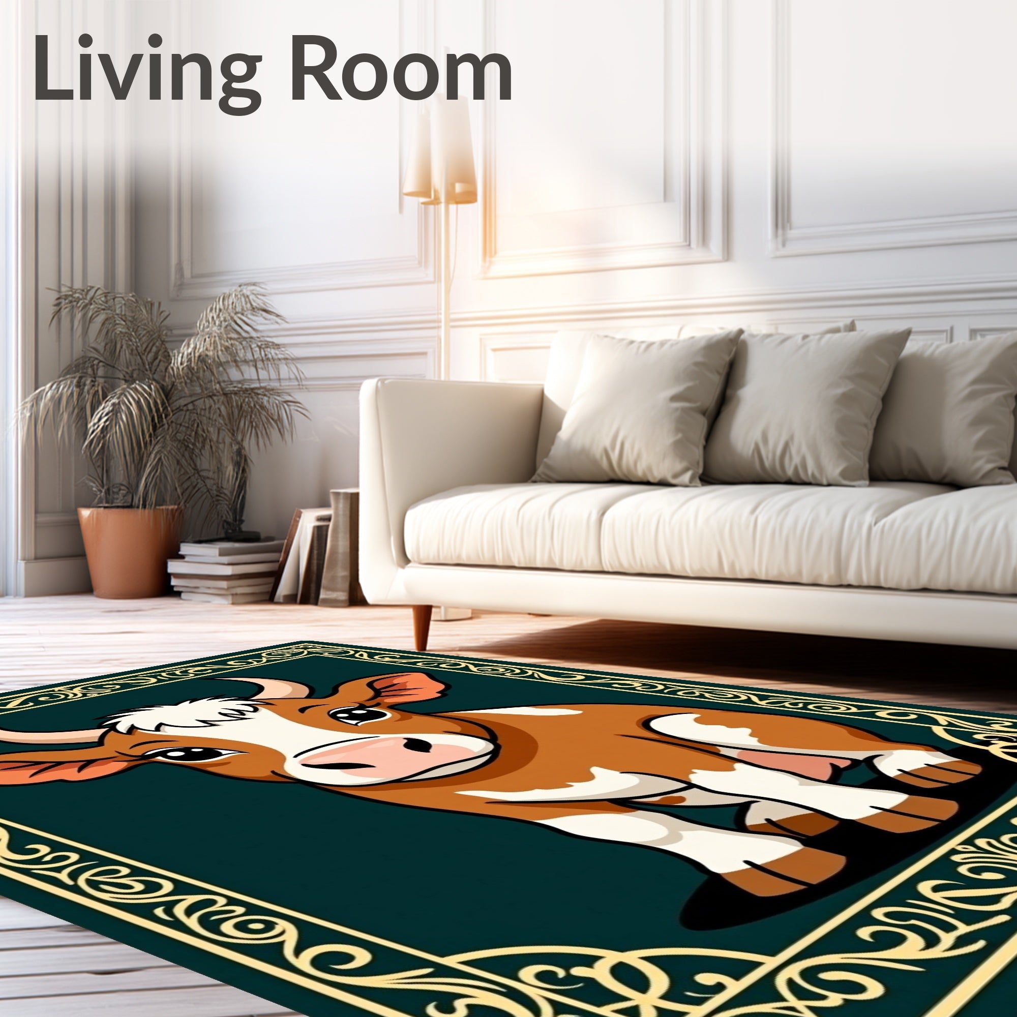 Charming Brown Cow Ornate Farm Animal Rug