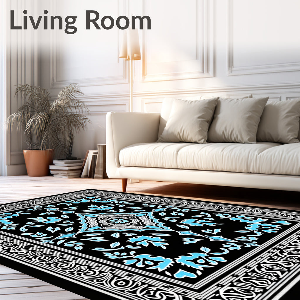 Black Blue Floral Medallion Pattern Rug