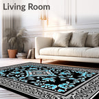 Black Blue Floral Medallion Pattern Rug