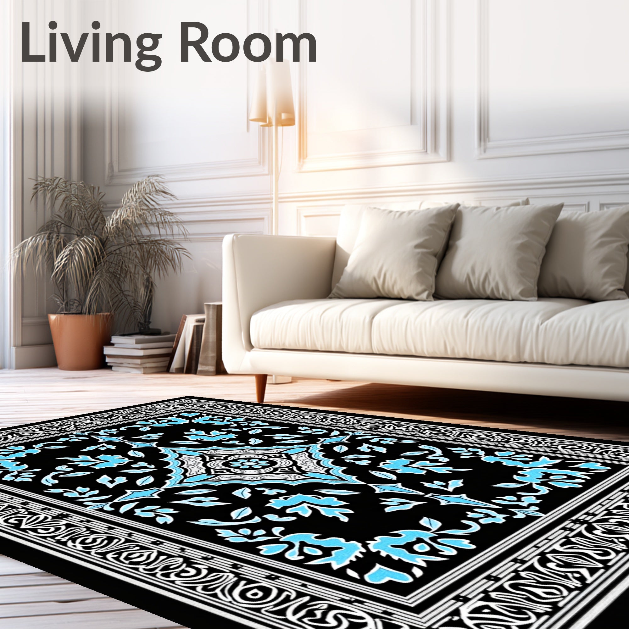 Black Blue Floral Medallion Pattern Rug