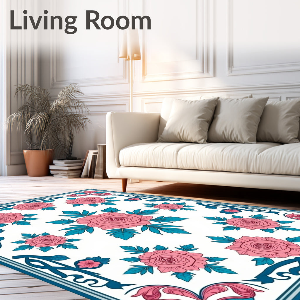Pink Floral Vine Border Art Rug