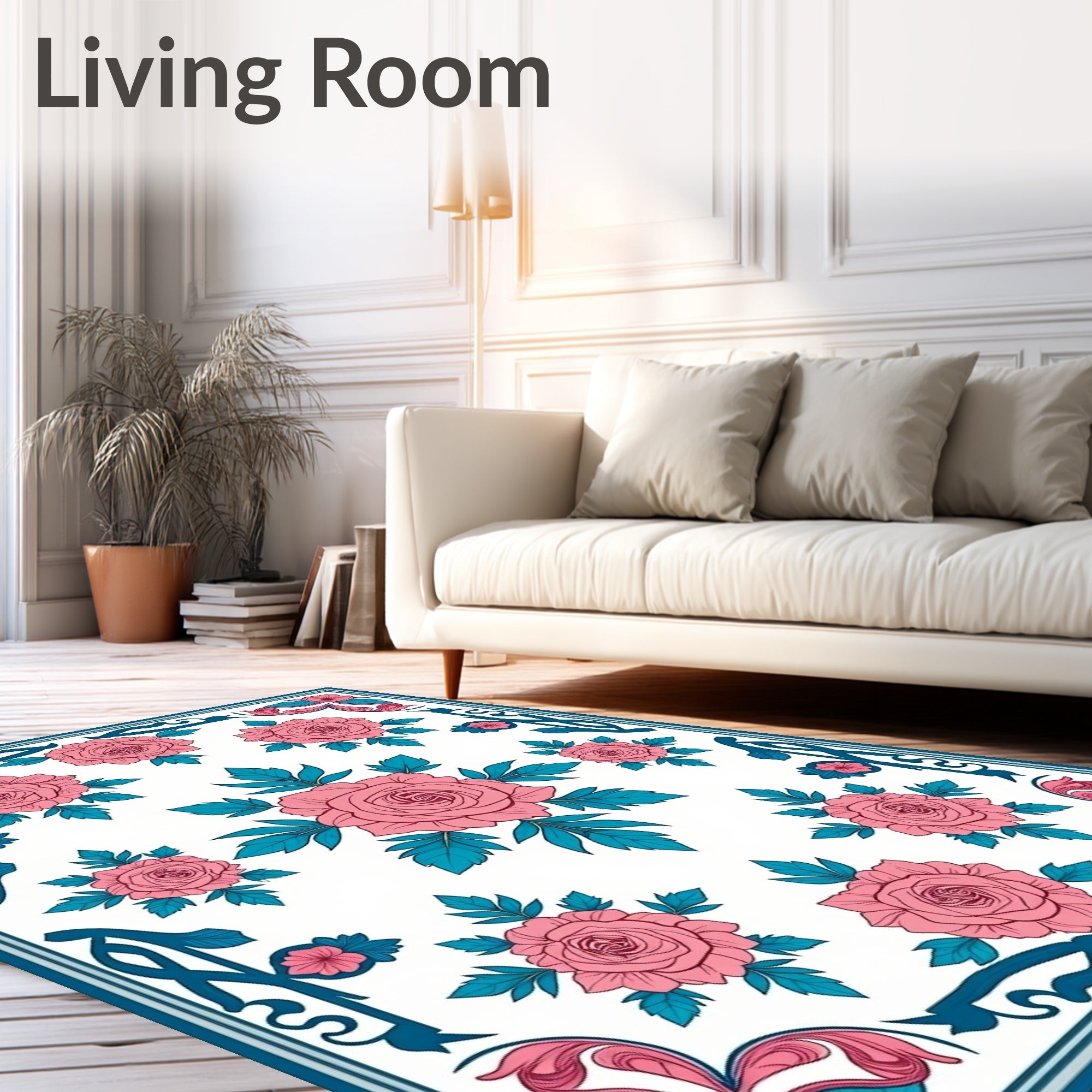 Pink Floral Vine Border Art Rug