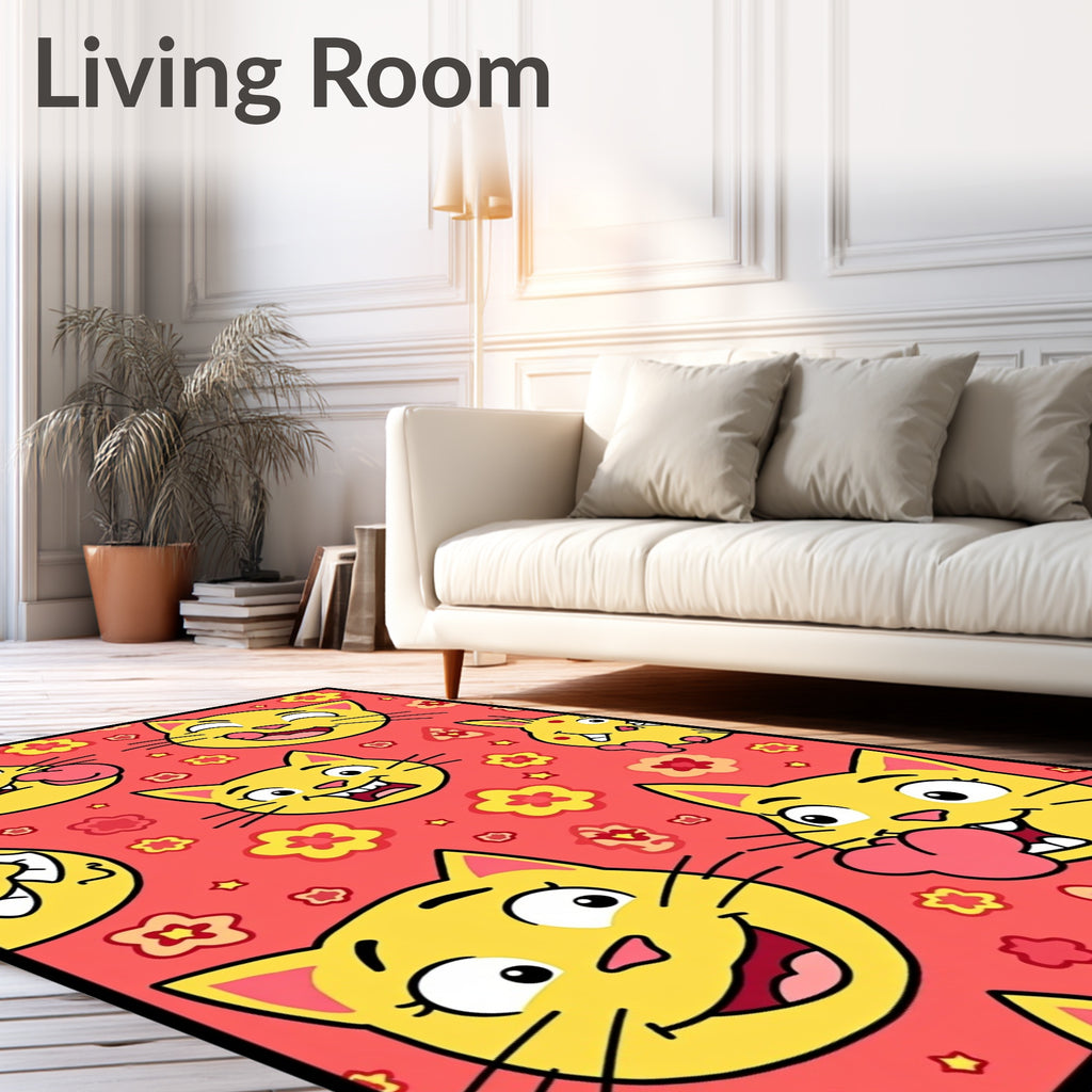 Whimsical Yellow Cat Floral Pattern Design Rug