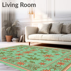 Coral Starburst Floral Garden Green Rug