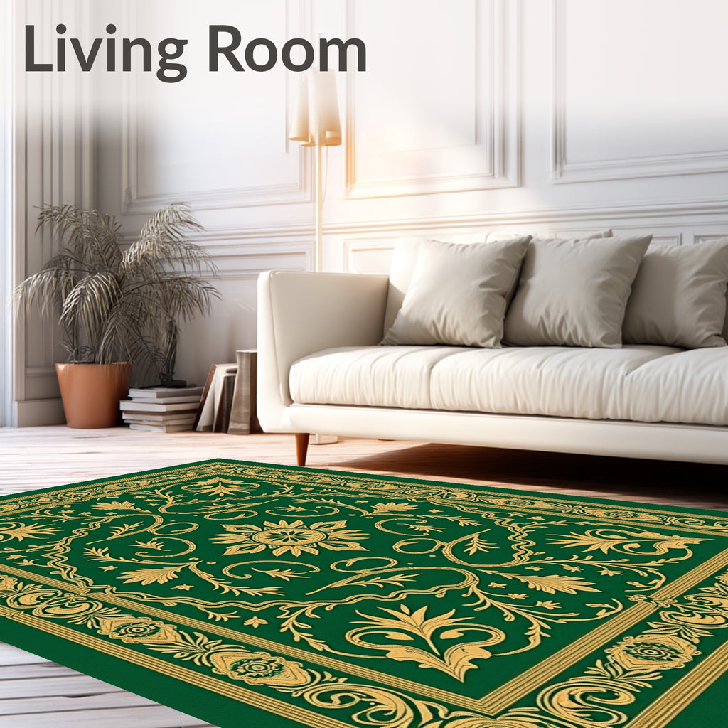Green Gold Royal Floral Scrollwork Rug
