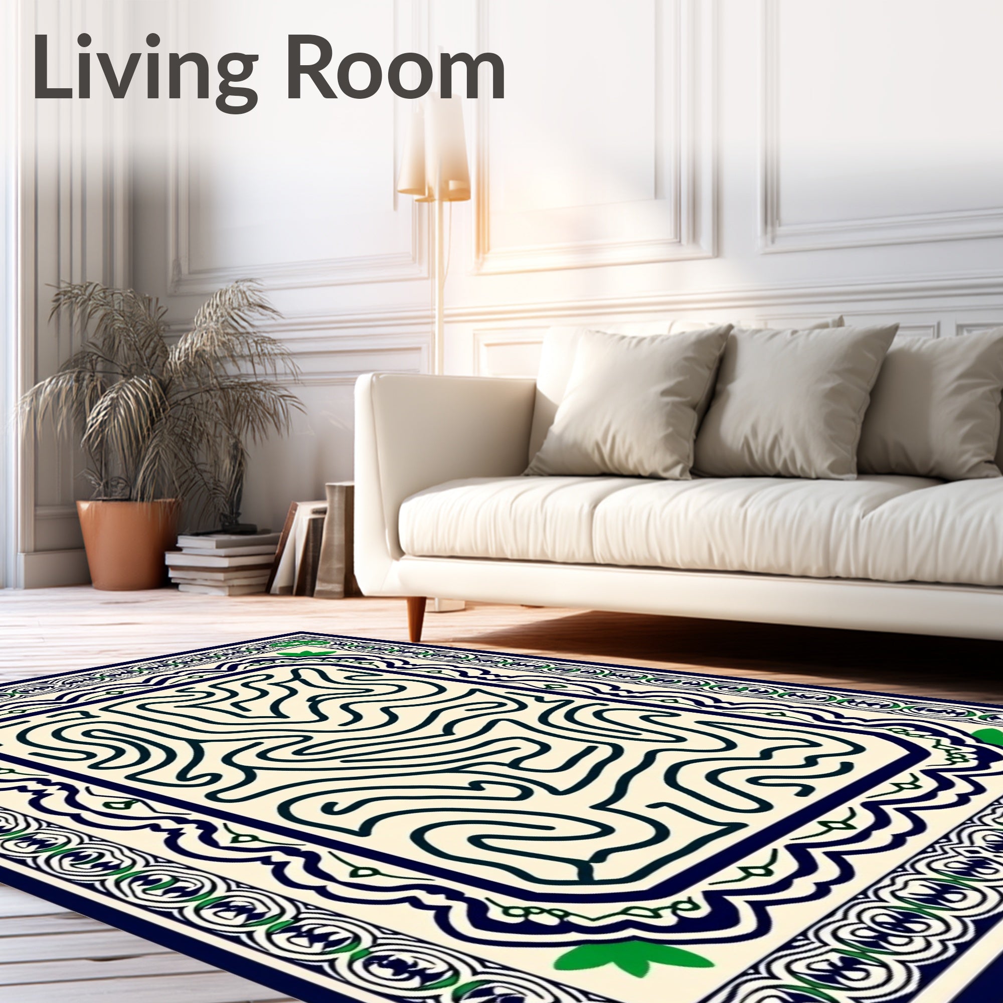 Maze Patterned Deep Blue Green Rug