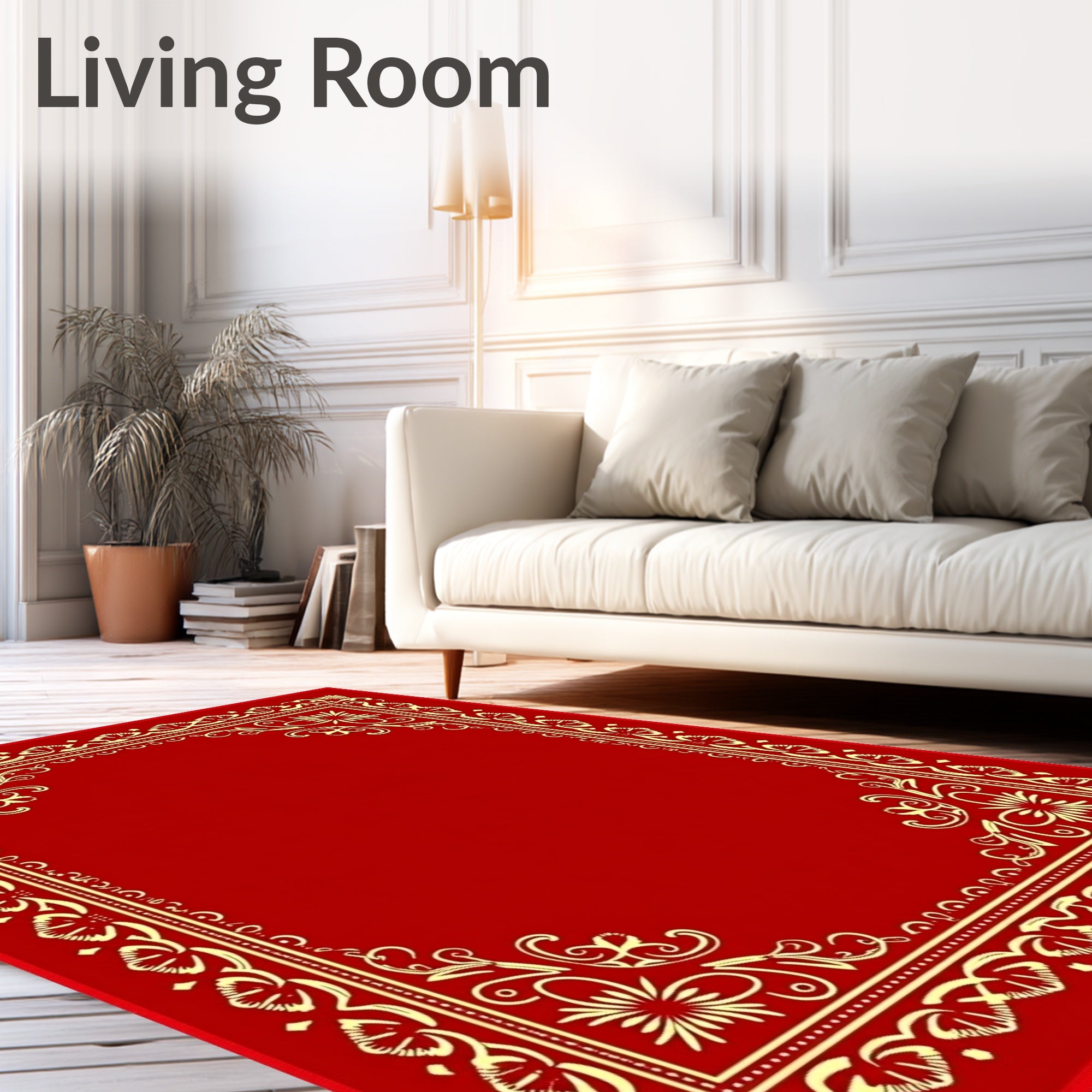 Red Gold Ornate Floral Border Rug