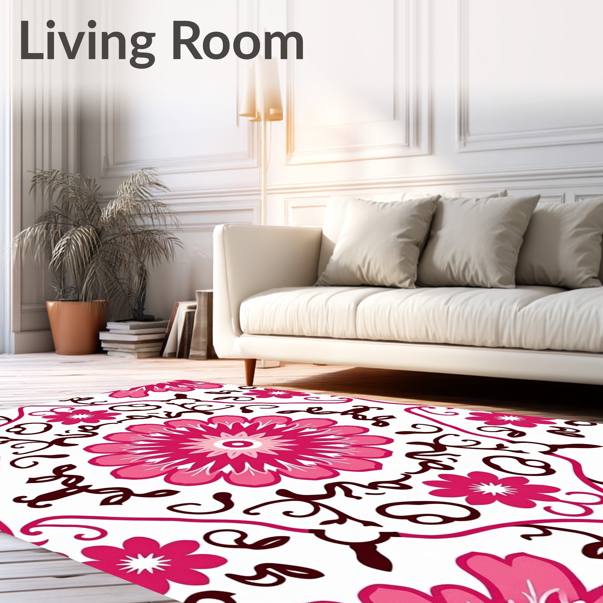 Bold Floral Pink White Medallion Design Rug