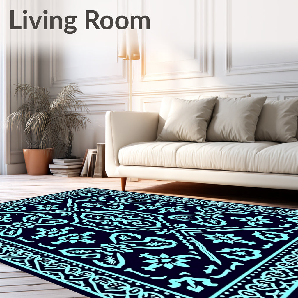 Aqua Floral Symmetrical Pattern Rug