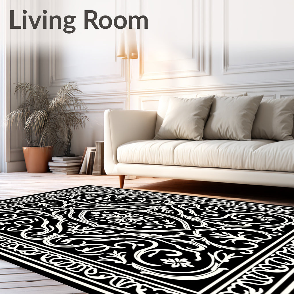 Black White Floral and Scroll Pattern Rug