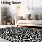 Black White Floral and Scroll Pattern Rug